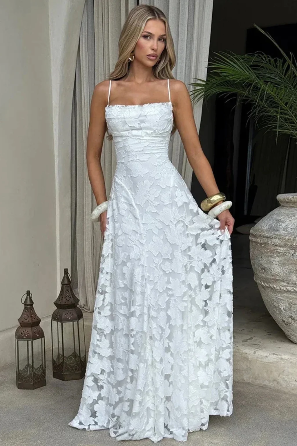 Damen Maxikleid mit Spaghetti-Tr?gern und Blumen-Jacquard | R��ckenfreies Abendkleid mit Schn��rung f��r festliche Anl?sse