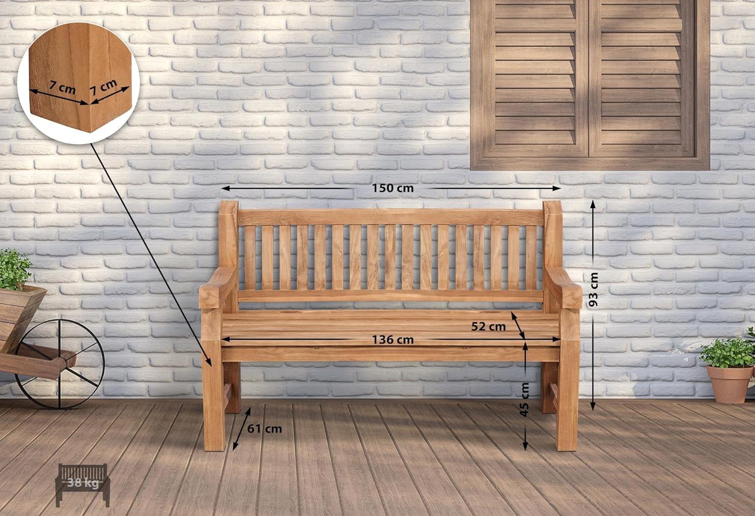 CLP Teakbank Jackson V2 I Wetterfeste Holzbank mit Rückenlehne I Stabile Gartenbank aus massivem Teakholz, Farbe:Teak, Größe:150 cm