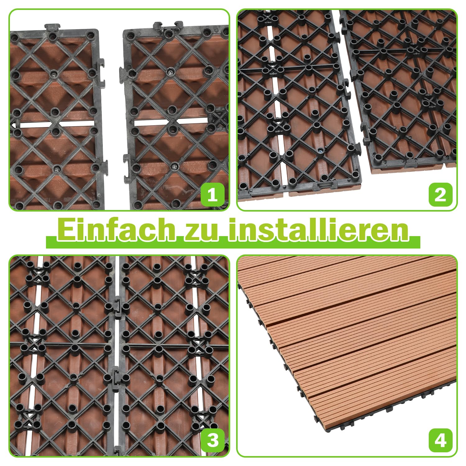 Fiqops 36 Stück WPC Terrassenfliesen, 30x60 cm Balkon Bodenfliese,Gartenfliesen mit Klick-System,Terrassendielen Balkonfliesen Klickfliesen,Terrassendielen Wasserfest für Terrasse,für 6m² Anthrazit