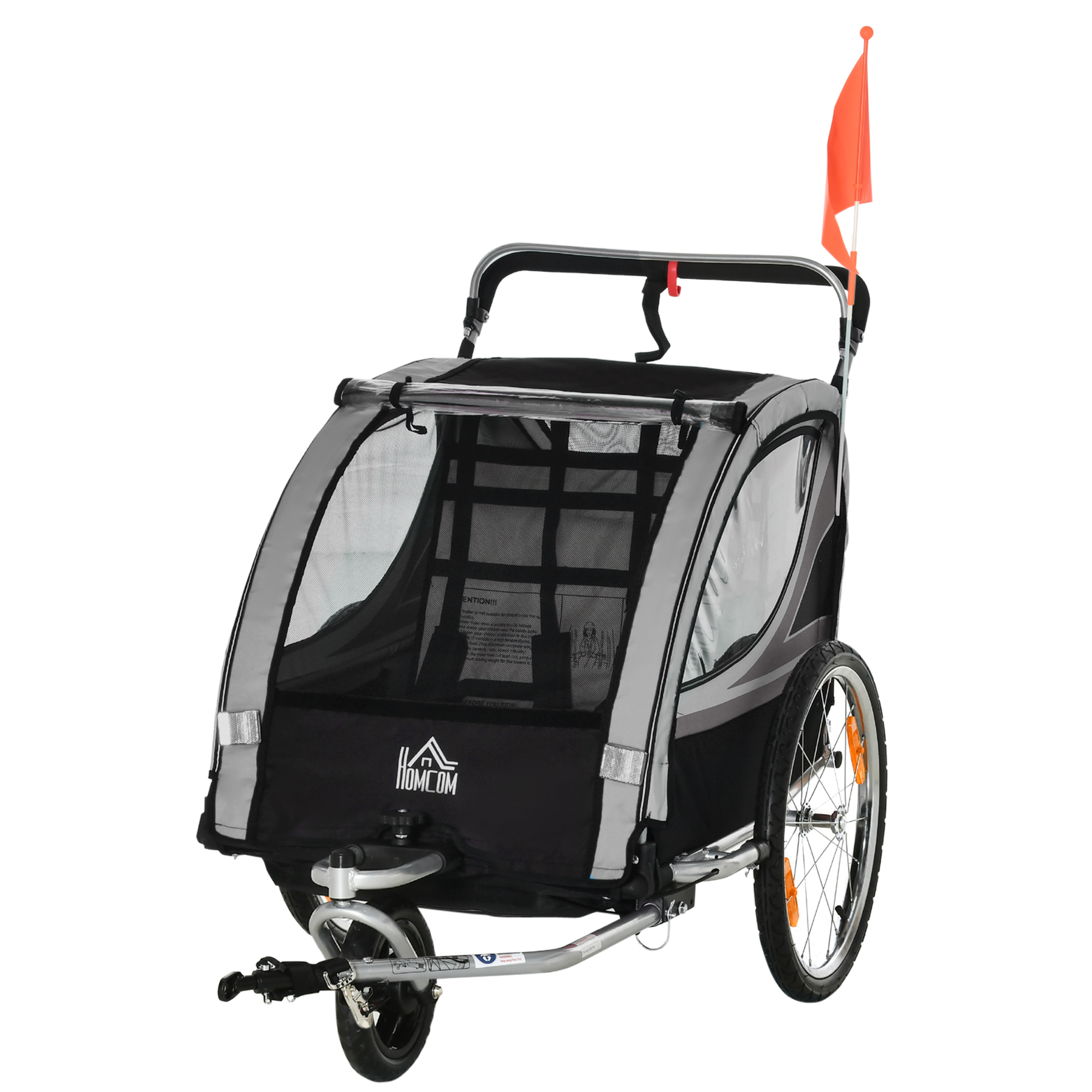 HOMCOM Kinderfietskar/Duwwagen met Remmen, Opvouwbaar, voor 2 Kinderen, Grijs/Zwart