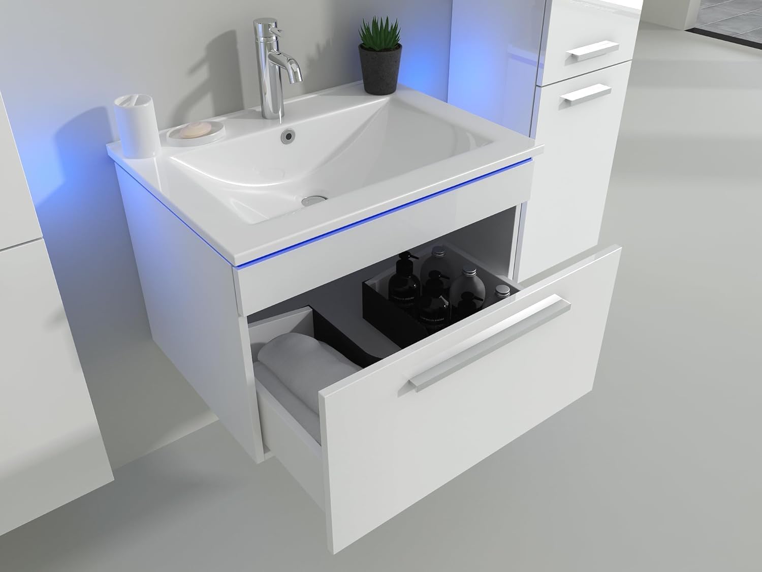 Faizee Möbel Miran Hochglanz Badmöbel Set mit Spiegel & Keramik-Waschbecken – Modernes 6-teiliges Badezimmer Set mit Soft-Close Unterschrank & 2 Seitenschränken (Miran Weiß, 60 cm (Unterschrank))