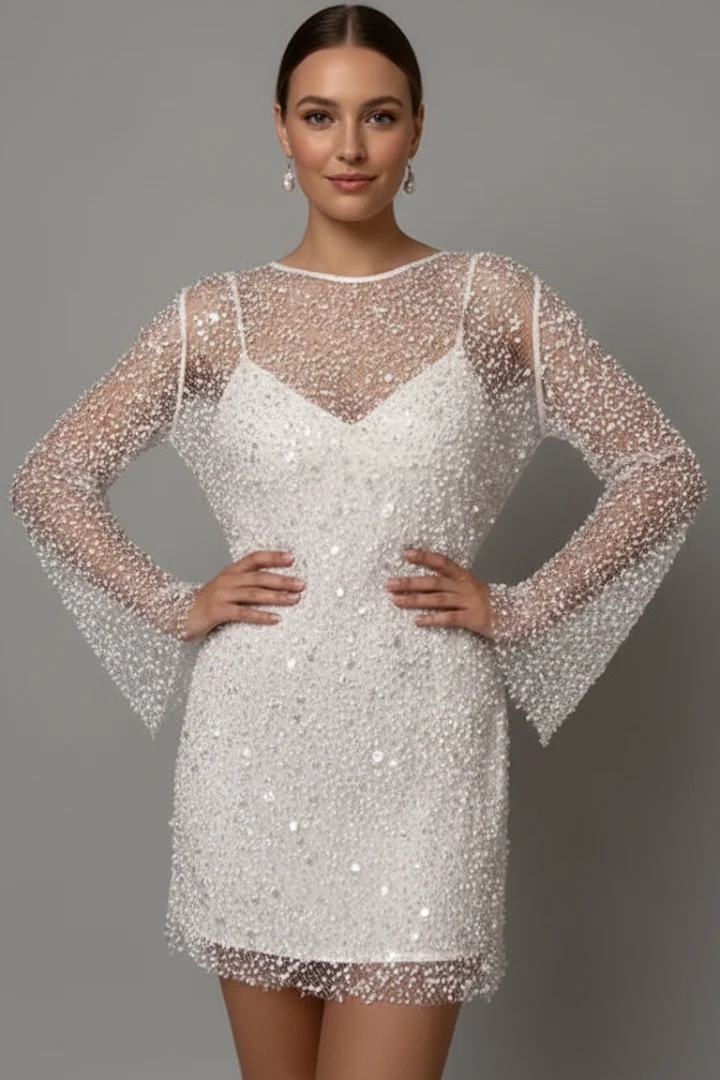 Damen Minikleid mit Mesh-Overlay und langen ?rmeln - Zweiteiliges Design mit ?rmellosem Unterkleid und Rundhalsausschnitt
