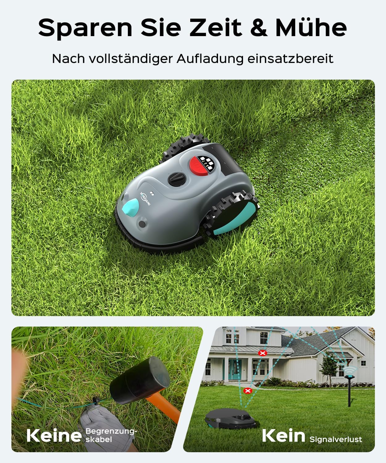 V100 Mähroboter ohne Begrenzungskabel Rasenroboter mit Kamera, Hindernisvermeidung, Vision Navigation, 4 Ah Akku Rasenmäher Roboter ohne Begrenzungsdraht 150m2 mit Ersatzklingen, Spiralschnitt