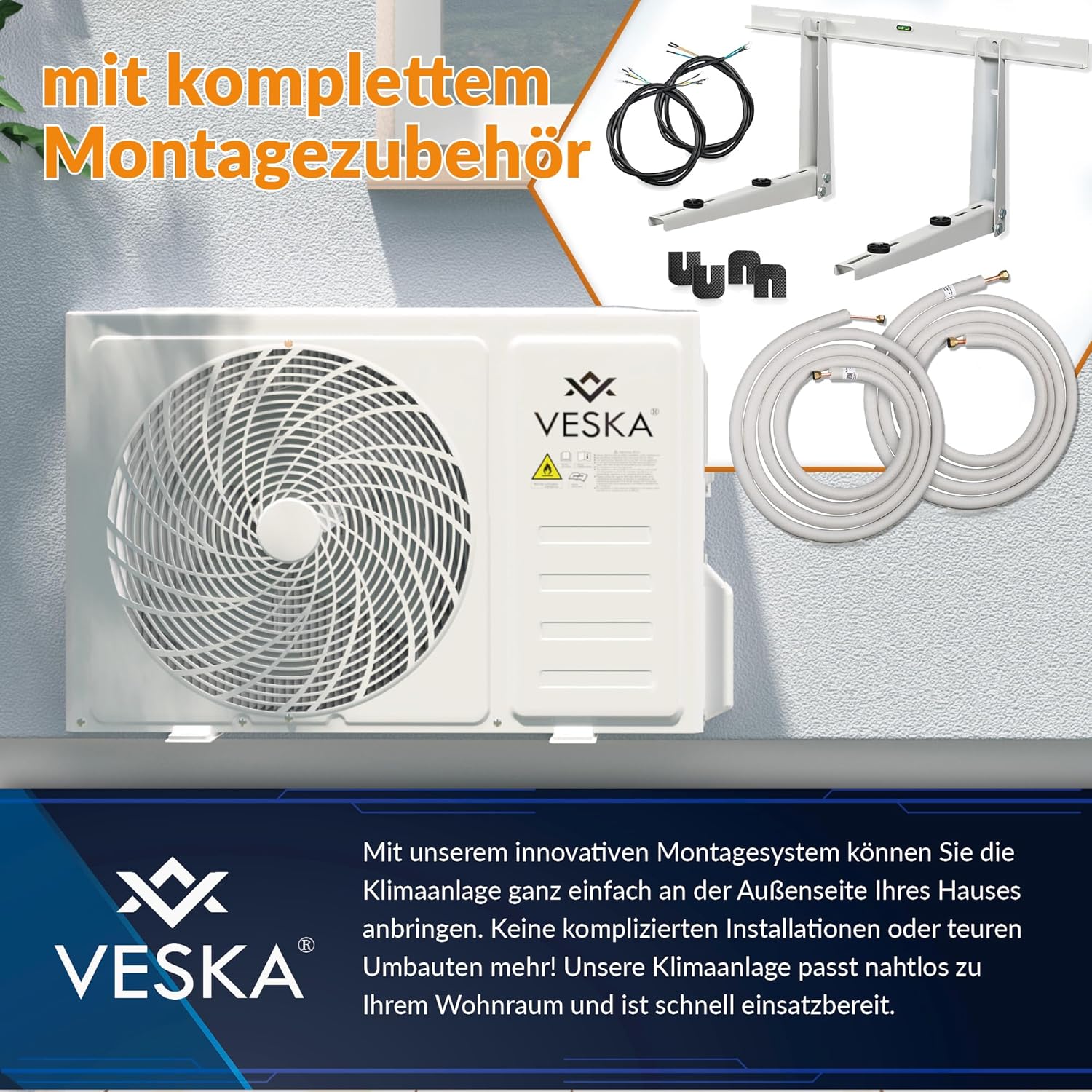 Klimaanlage Set Split - mit WiFi/App Funktion Klimagerät - Kühlen A++/ Heizen A+ 12000 BTU/h (3.500 Watt) Kältemittel R32 - Fernbedienung, Timerfunktion - inkl. Montagematerial (VSK-12000BTU)