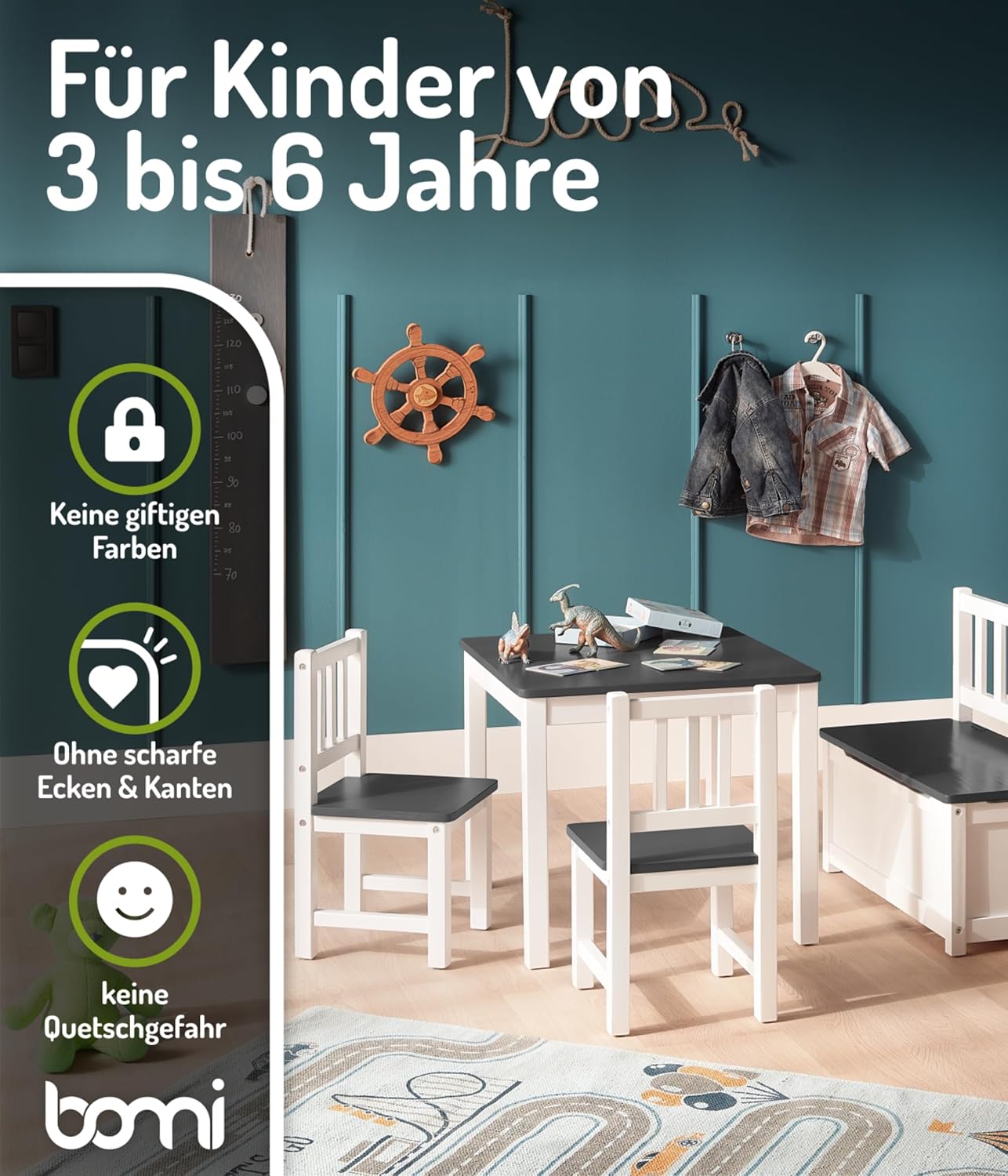 Bomi Kindersitzgruppe Anna mit integrierter Spielzeugkiste | Kinderzimmer-Set inkl. Kindertisch mit 2 Stühlen & Kindertruhenbank | Kindermöbel aus FSC nachhaltigem Kiefern Massiv Holz | Weiß Grau