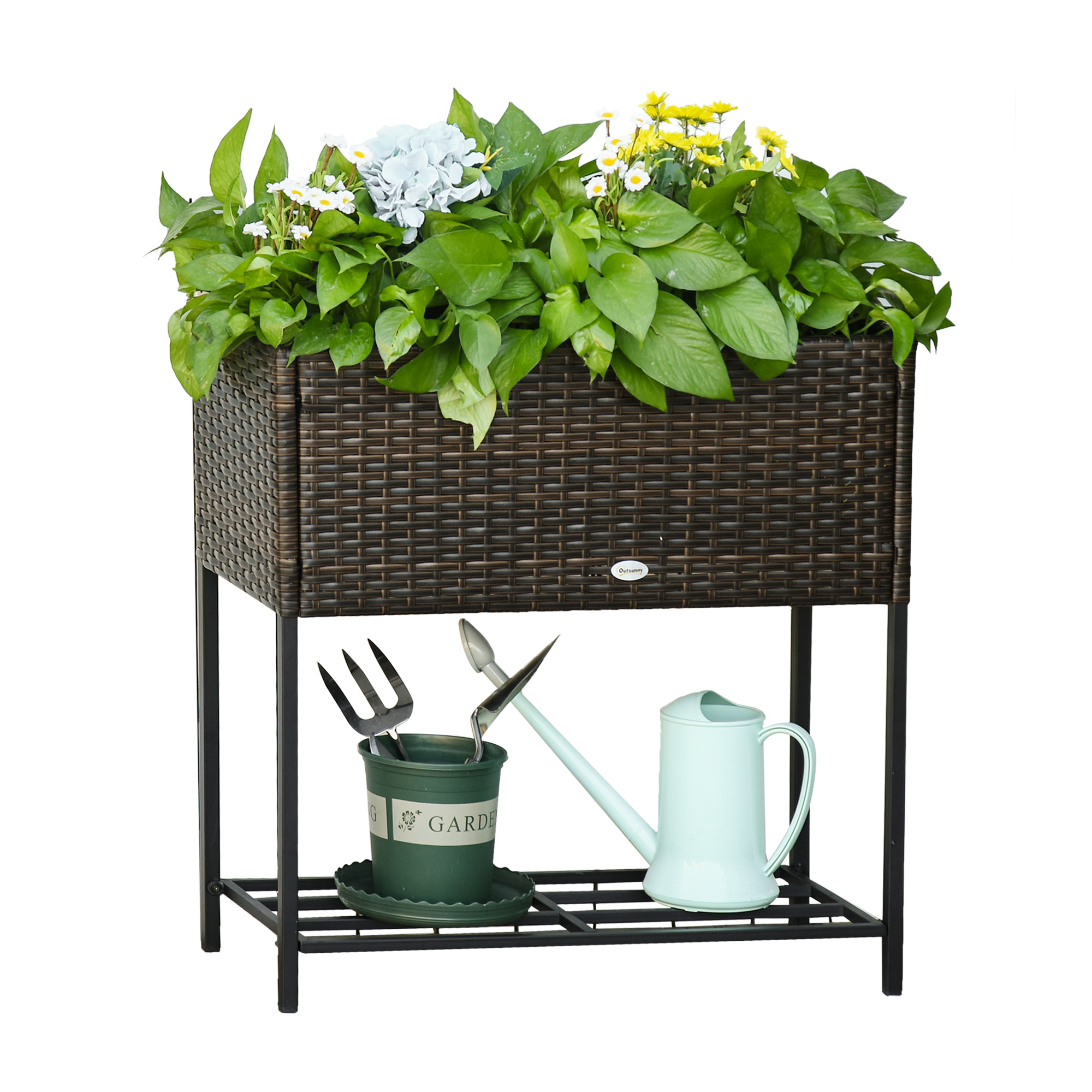 Outsunny Poly rotan bloembak met verhoogd bed en poten Bloempot met plank bruin 70 x 30 x 72 cm
