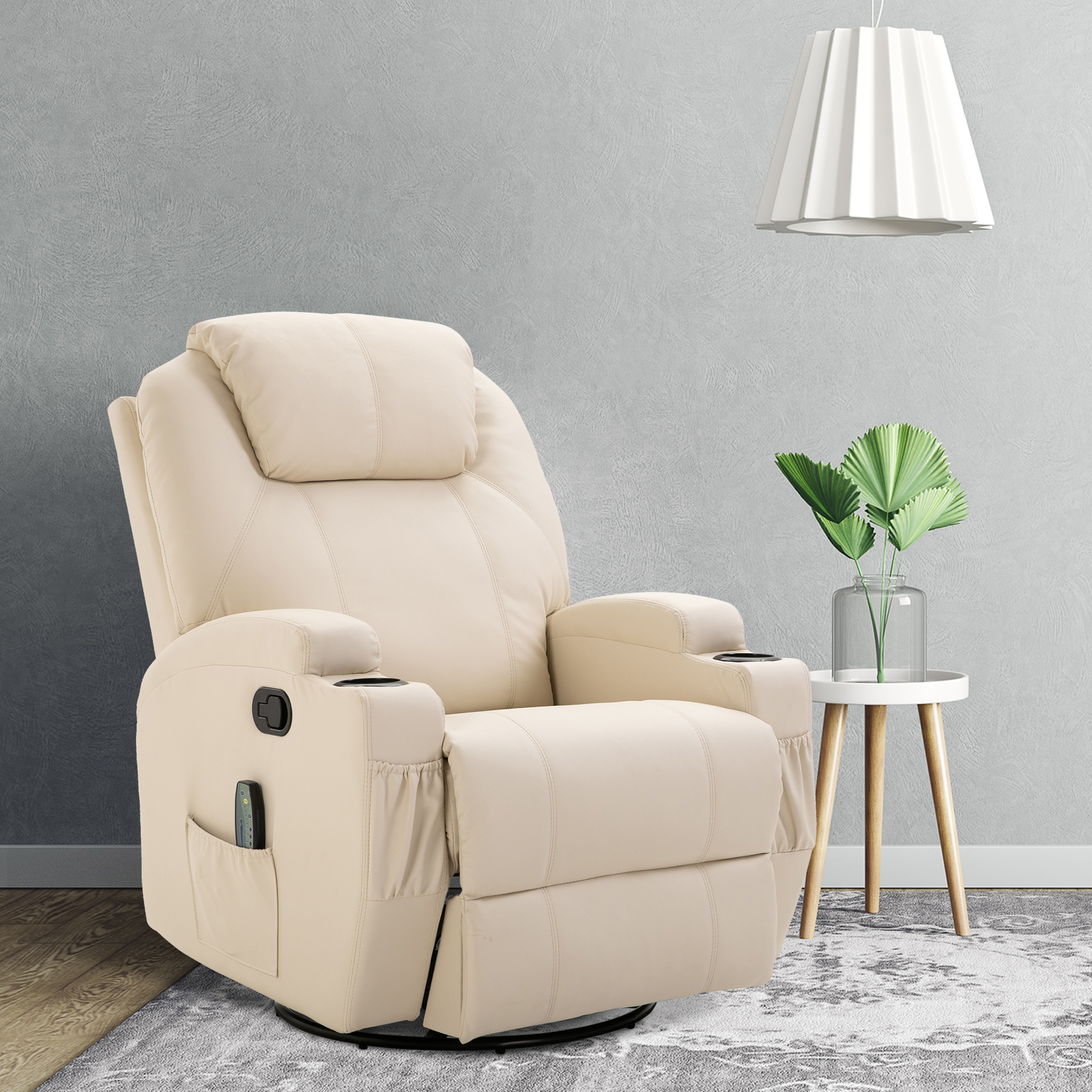 massagestoel, relaxstoel, tv-stoel massagefunctie 5 massagestanden ligfunctie PU-leer hout metaal schuimstof cr��mewit 82 x 97 x 110 cm