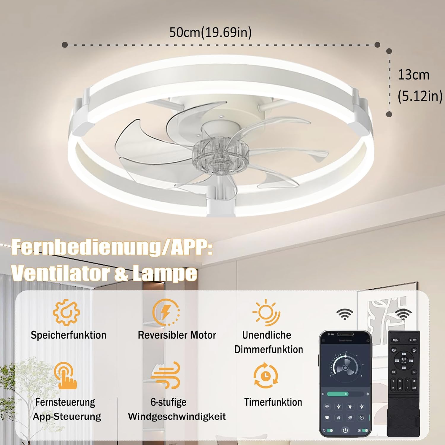 Deckenventilator-mit-Beleuchtun 50cm LED-Ventilator-Deckenleuchte Leise Fernbedienung Dimmbar 6 Geschwindigkeitsstufen Deckenventilator-Mit-Licht Timer Memory für Wohnzimmer Weiß