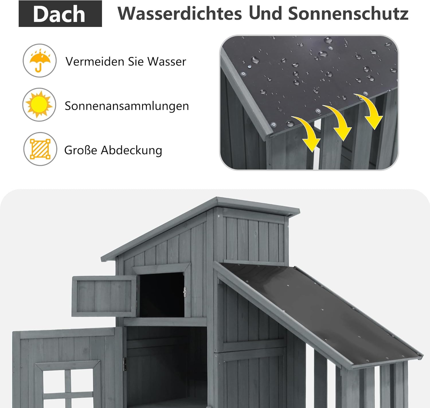 Su & Chan Legence Holzgerätehaus mit großem Stauraum, wetterfester Geräteschuppen mit Zwei Ablagen, vielseitiger Gartenschrank für Werkzeuge und mehr, 124 x 46 x 174 cm, Grau
