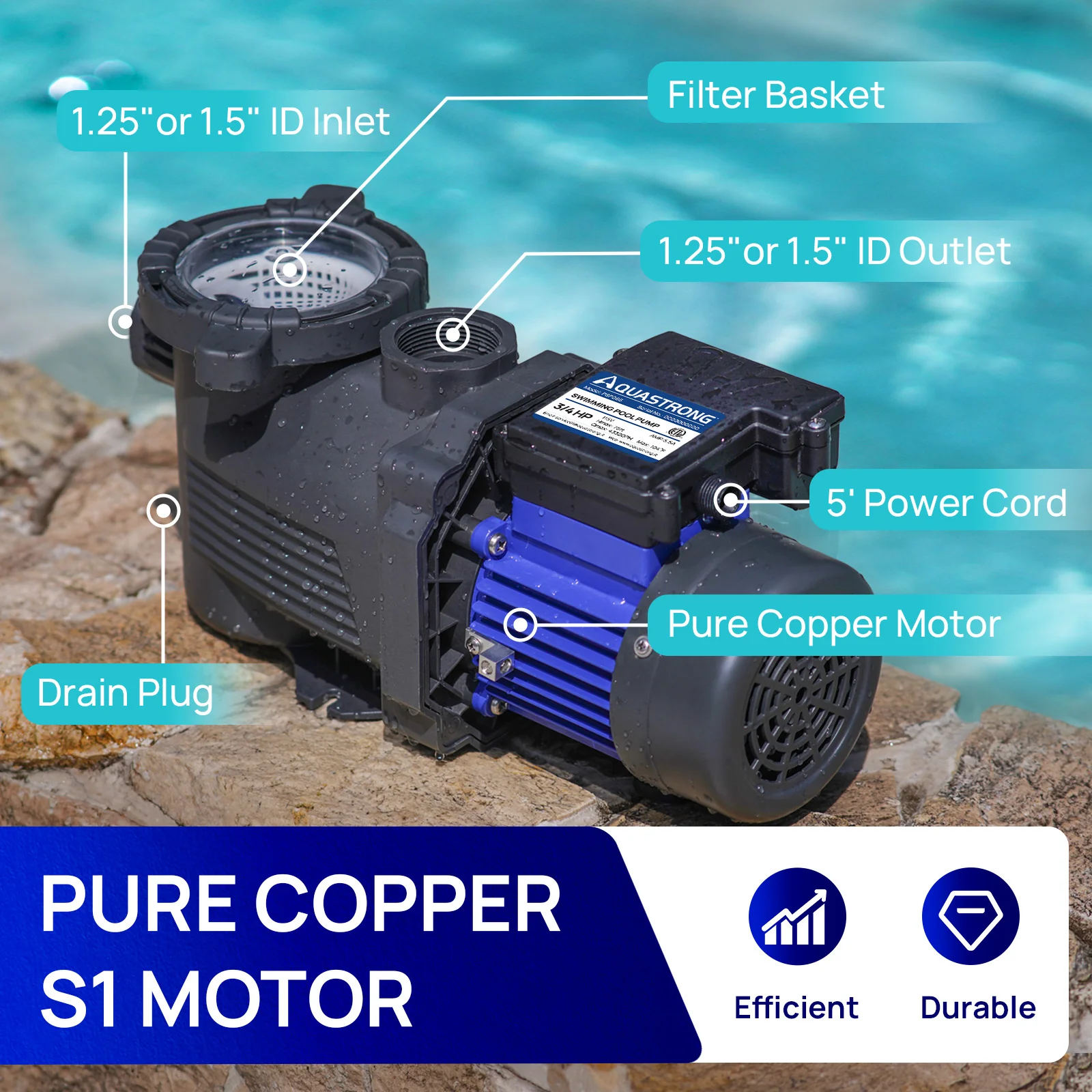 2025 PSP066-LV Zwembadpomp 3/4 HP 115V Enkelvoudige Snelheid, 4332 GPH