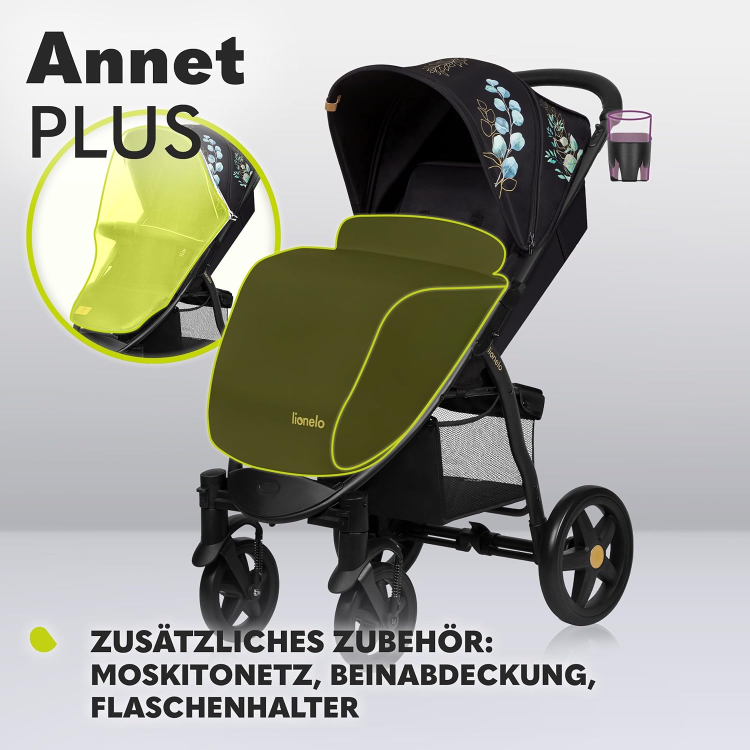 LIONELO Annet Plus Buggy bis 22 kg mit Liegefunktion, Kinderwagen klein zusammenklappbar mit Zubehör, Eva-Schaum-Räder, Moskitonetz, Fußdecke Getränkehalter, Korb