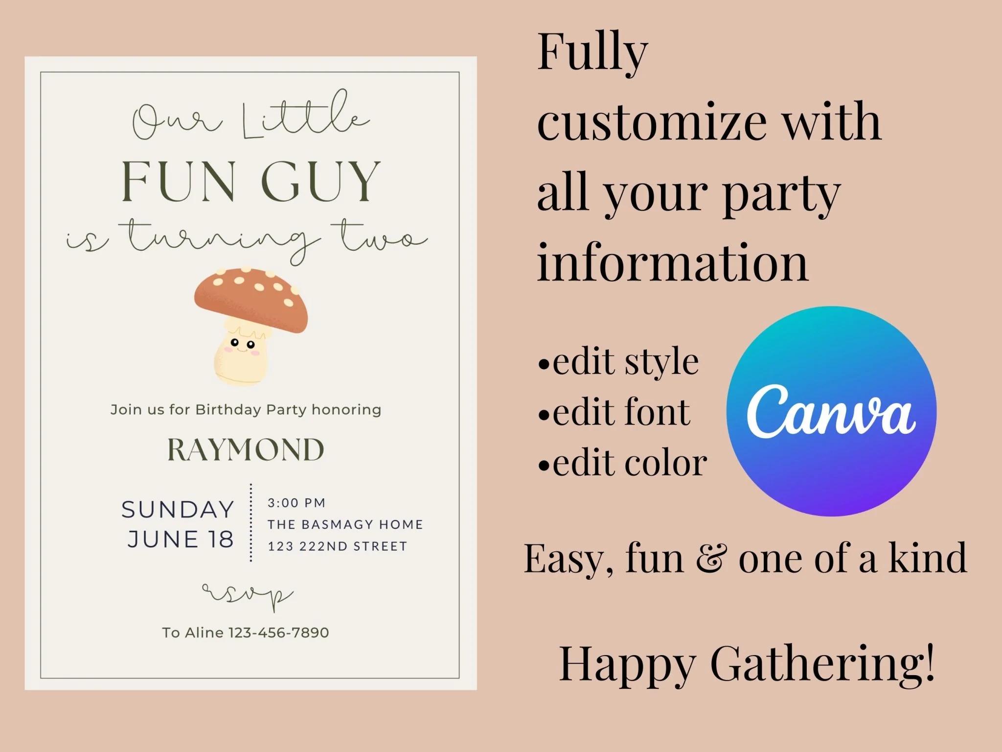 Fun-Guy Birthday Invitation, Mushroom Invitation, children's birthday invitation, minimalist invitation, baby invitation, fungi theme