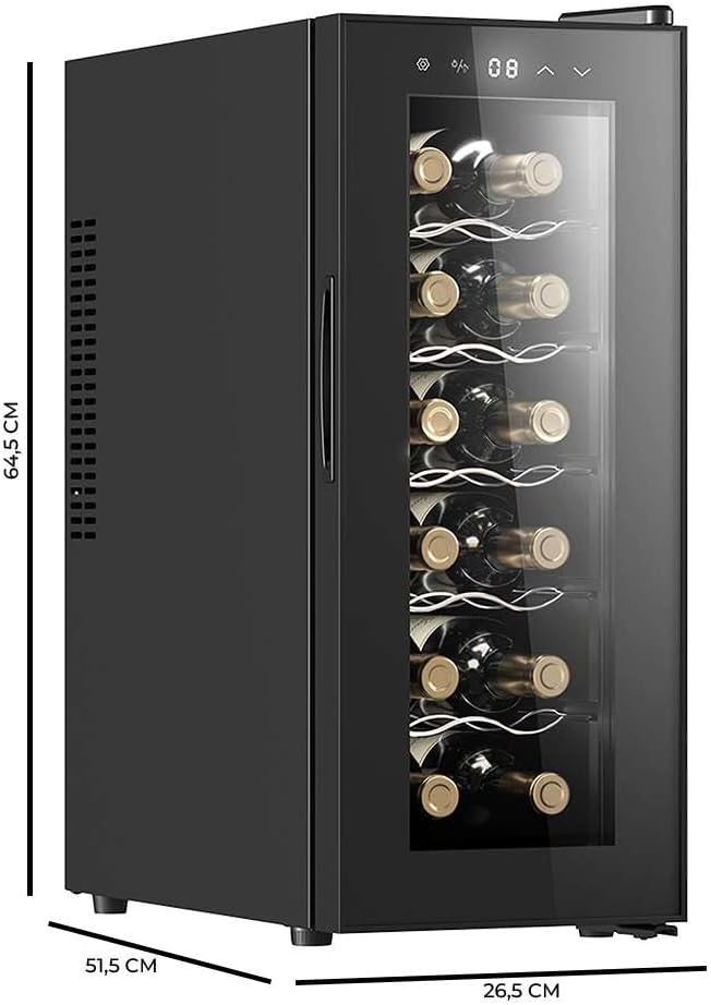 Cecotec Vinoteca Bolero GrandSommelier 1250 CoolCrystal. Bodega para 12 botellas, enfriamiento termoeléctrico, silenciosa con 35 dB, temperatura regulable de 8-18ºC, panel táctil y luz LED interior.