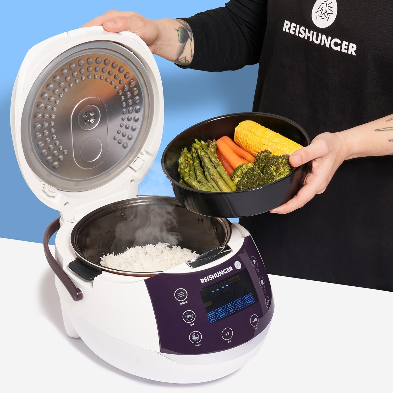 REISHUNGER Digitaler Reiskocher & Dampfgarer Schwarz | 1,5 L bis 8 Personen | Warmhaltefunktion, Timer & Premium Innentopf | Multikocher, 12 Programme, 7-Phasen-Technologie