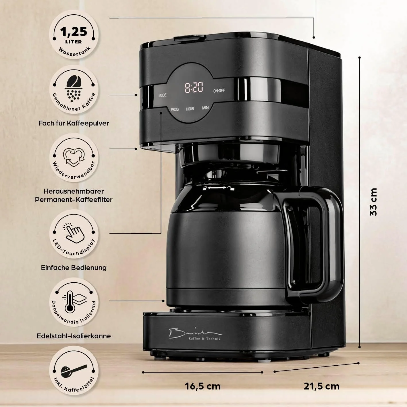 Barista filterkoffiezetapparaat met verstelbare molen & thermoskan | Warmhoudfunctie, 24-uurs timer & permanent filter | Voor 10 koppen koffie | Koffiezetapparaat voor bonen & poeder [roestvrij staal]