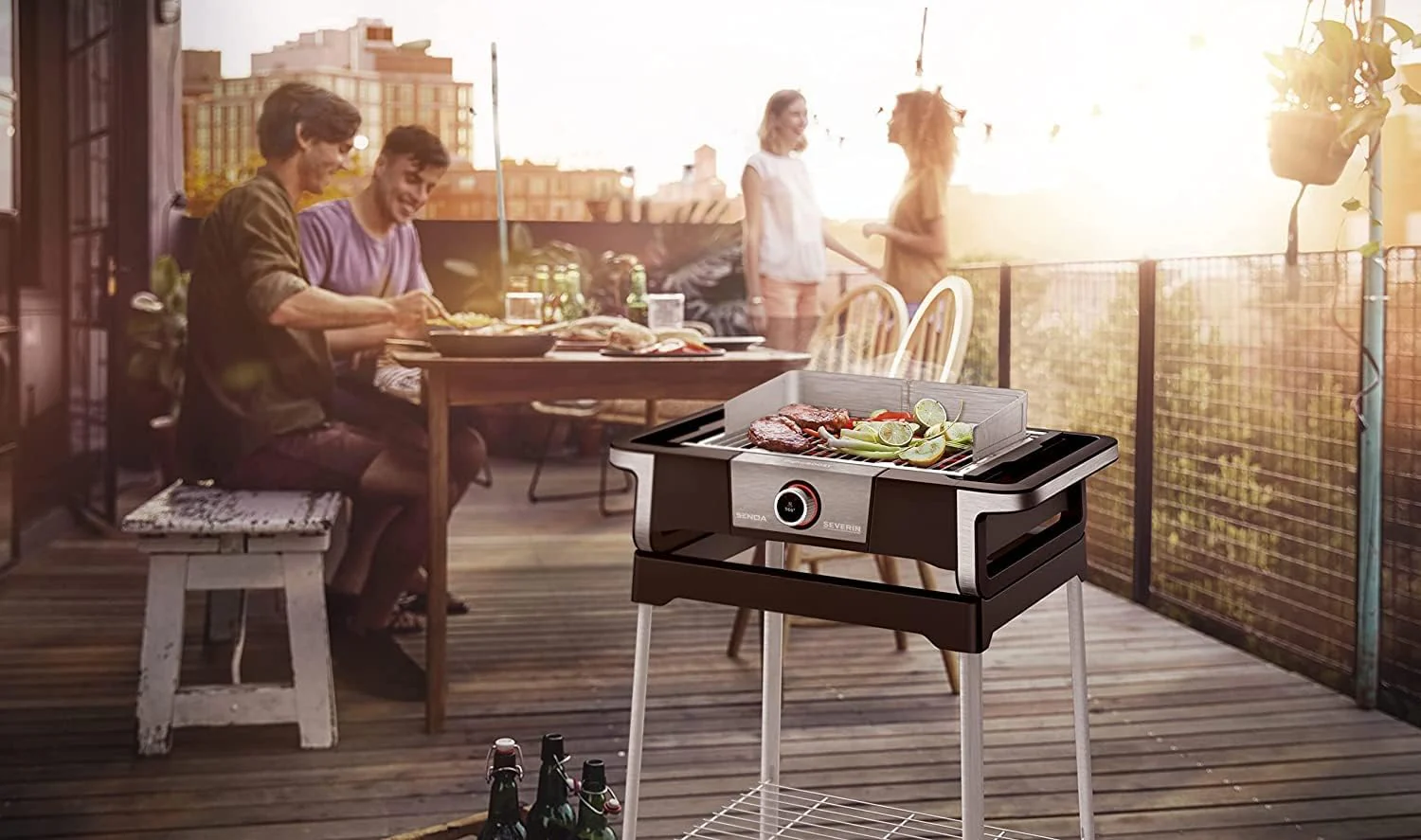 SEVERIN SENOA DigitalBOOST S elektrische barbecue met onderstel, staande barbecue met snelle start tot 500 ��C, balkonbarbecue met SafeTouch-oppervlak, RVS/zwart, PG 8118
