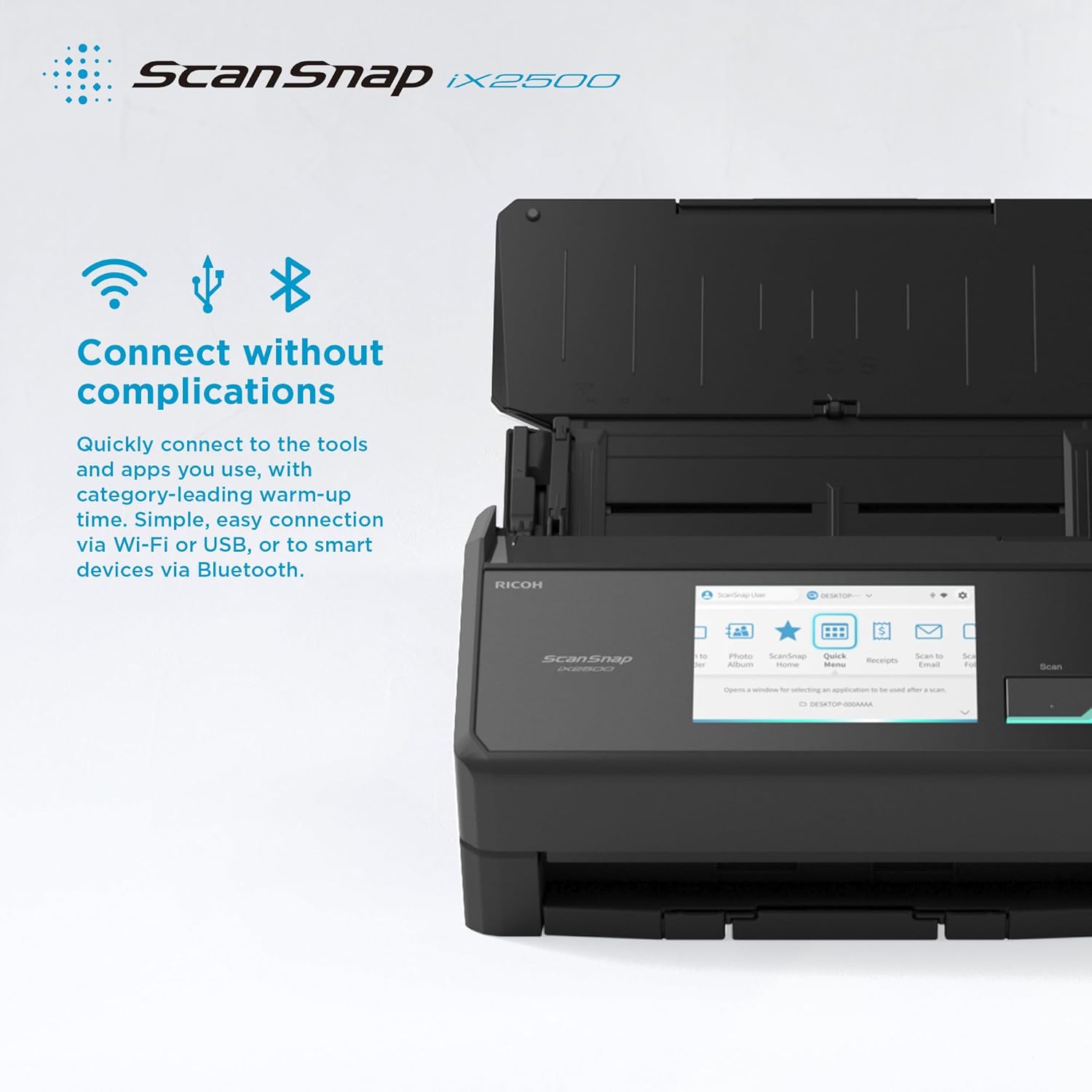 ScanSnap iX2500 Schwarz – Ultraschneller Duplex-Scanner mit 45 S./Min., 100-Blatt-ADF, 600DPI, 5″ Touchscreen, WLAN/Bluetooth/USB-Konnektivität