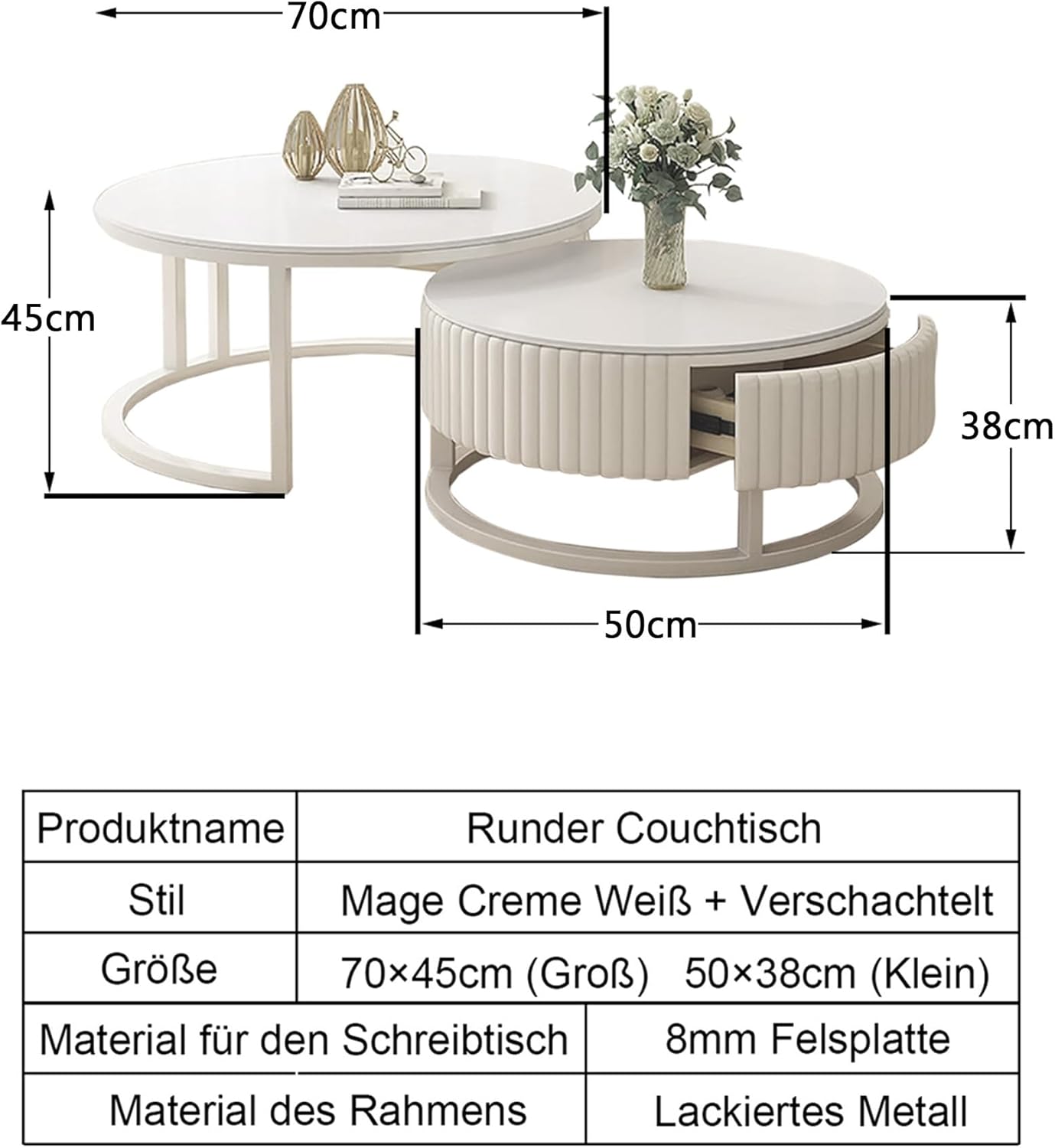 2er Set Runder Couchtisch Weiss 50+70cm Coffee Table Nested Beistelltisch Wohnzimmertisch Kaffeetisch Satztische Für Wohnzimmer, Balkon Und Büro, Metallgestell