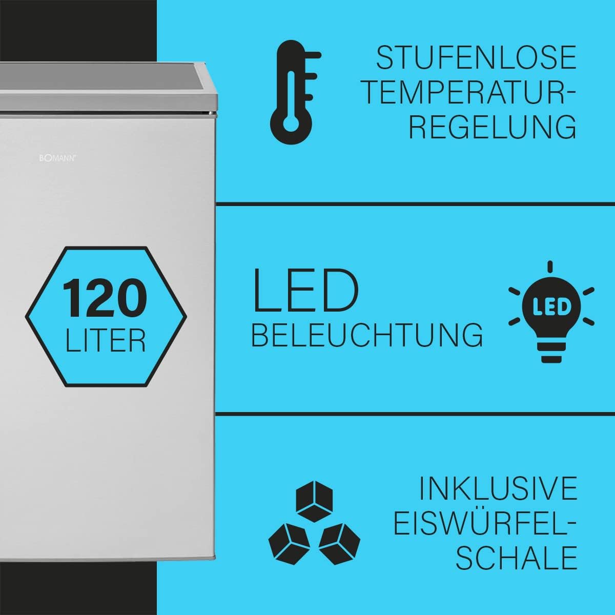 Bomann Kühlschrank mit Gefrierfach | Getränkekühlschrank mit 120L Nutzinhalt und 2 Glasablagen | Türanschlag wechselbar | kleiner Kühlschrank mit stufenloser Temperaturregelung | KS 2194.1 inox