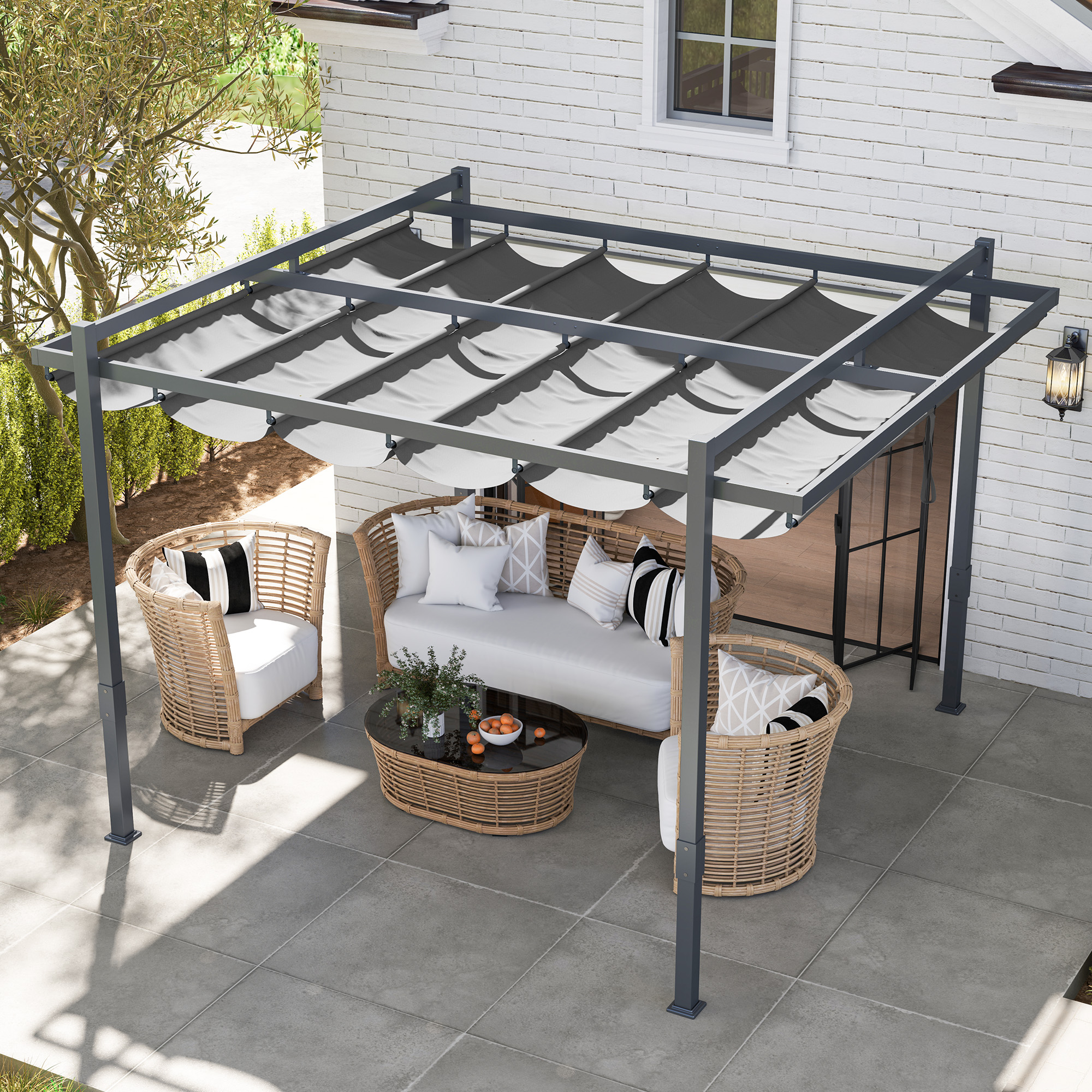 Pergola met Schuifdak ca. 3,5x3m Aluminium Duurzaam Winterbestendige Zonwering Grijs