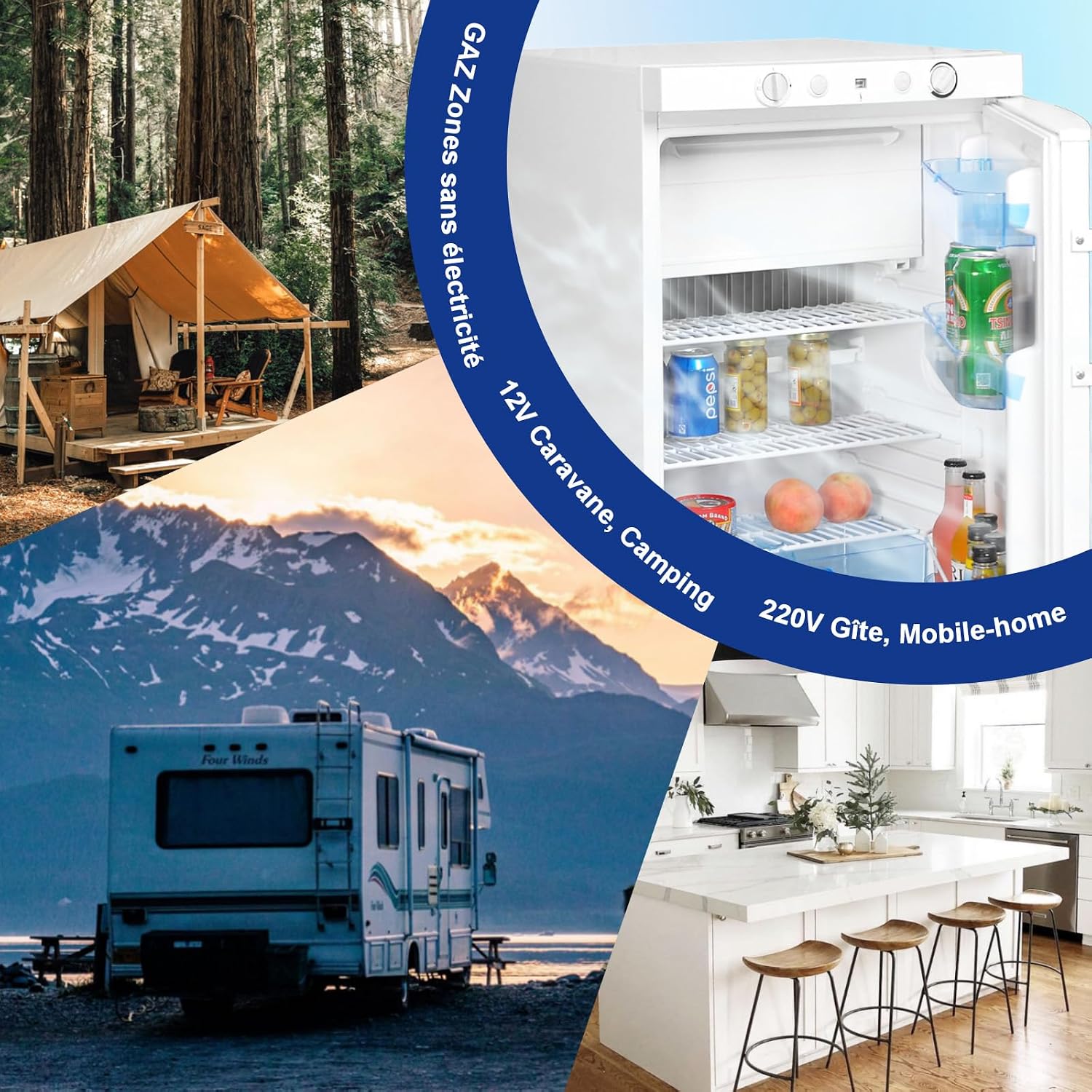Smad Frigo Trimixte 12V 220V Gaz, 100L, Frigo Gaz Camping Car, Réfrigérateur Gaz avec Congélateur, pour Camping Car, Caravane, Cabanon, Chalet, Blanc
