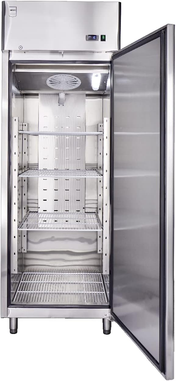 METRO Professional Kühlschrank GRE2700, Edelstahl, 73 x 80.5 x 206.5 cm, 455 L, Umluftkühlung, 220 W, mit Schloss, 4 verstellbare Einlegeböden, silber