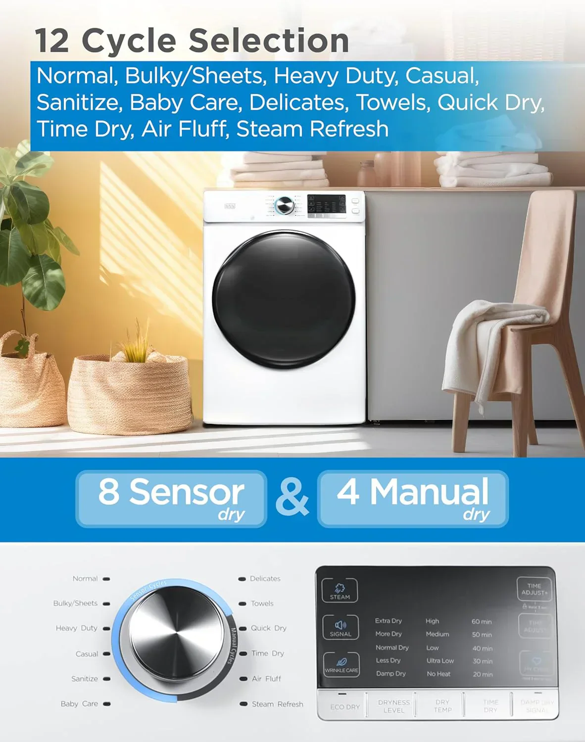 Compact Clothes Dryer 1.5 Cu. Ft. 850W Electric Dryer 120V Vented Dryer Stainless Steel Drum