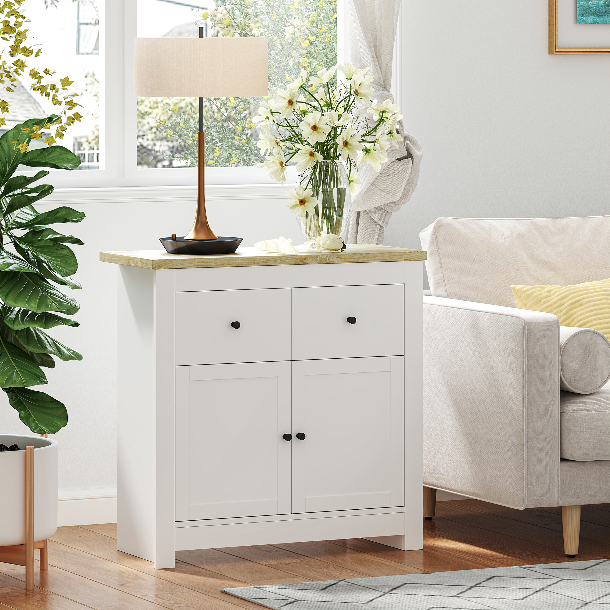 Ladekast met veel Opbergruimte, Sideboard met Soft-Close Deuren, 2 Laden, Verstelbare Plank, Wit