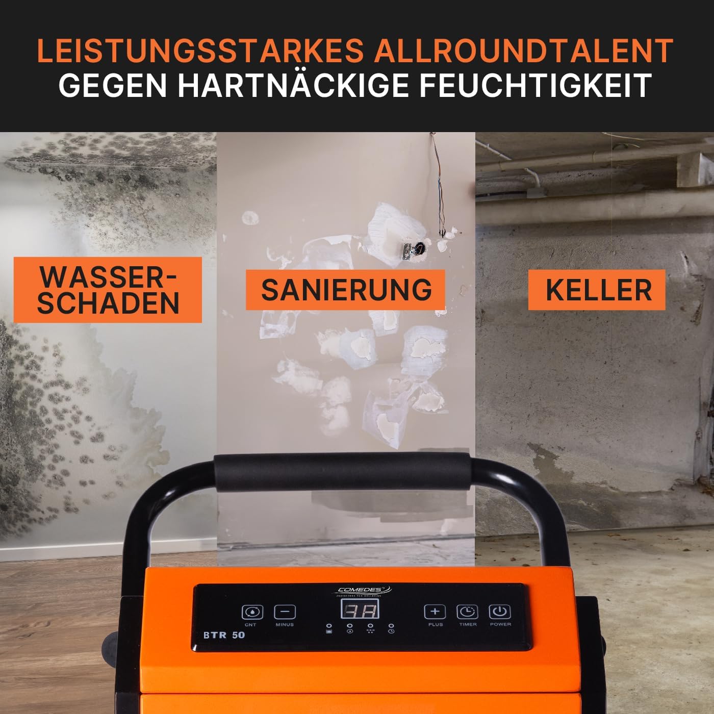 Comedes Bautrockner Luftentfeuchter BTR 50 (max. 51 Liter / 24h) Geeignet für Räume und Keller bis 100m² / 230m³