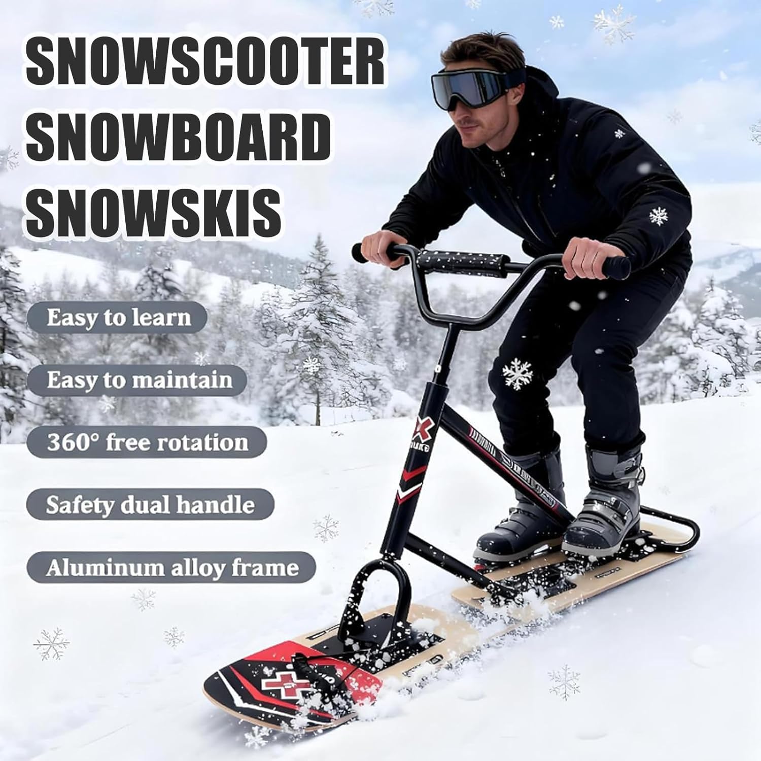 Erwachsenen Schneescooter, Outdoor-Schlitten, Edelstahlrahmen und Skikufen, Schneemobile mit 150 kg Belastbarkeit & 360°-Lenkung, tragbares Snowboard für Schnee, Sand und Outdoor-Gelände