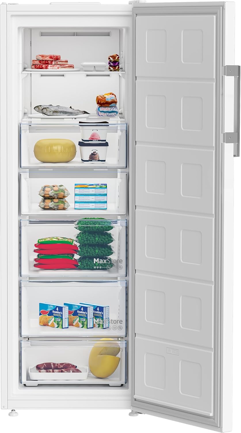 Beko Gefrierschrank B5RFNE295W freistehender Gefrierschrank, 260 l Gesamtrauminhalt, 5 Gefrierschubladen, 2 Gefrierfächer, NoFrost, Türalarm, 38 dB, Weiß