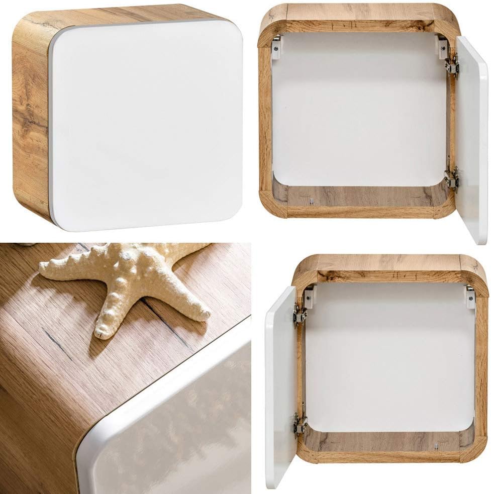 Lomadox Badmöbel Set, Hochglanz weiß mit Wotan Eiche Nb., 80 cm Waschtisch-Unterschrank mit Keramik-Waschbecken, 50 cm LED-Spiegel, Hochschrank & 3 Hängeschränke