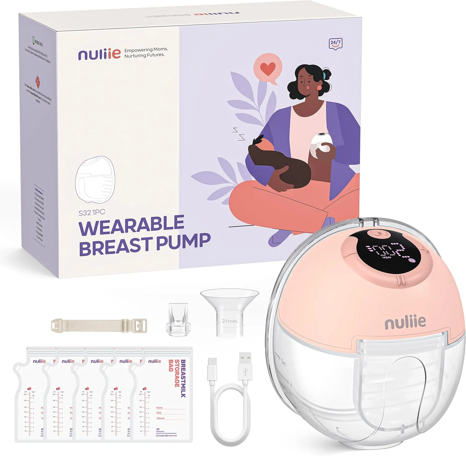 Nuliie Elektrische Borstkolf Draagbare S32, Handsfree Elektrische Borstkolf 4 Modi 9 Niveaus met 18/21/24 mm comfortabele flens, discreet, met reserveonderdelen inbegrepen (2 stuks, wit)