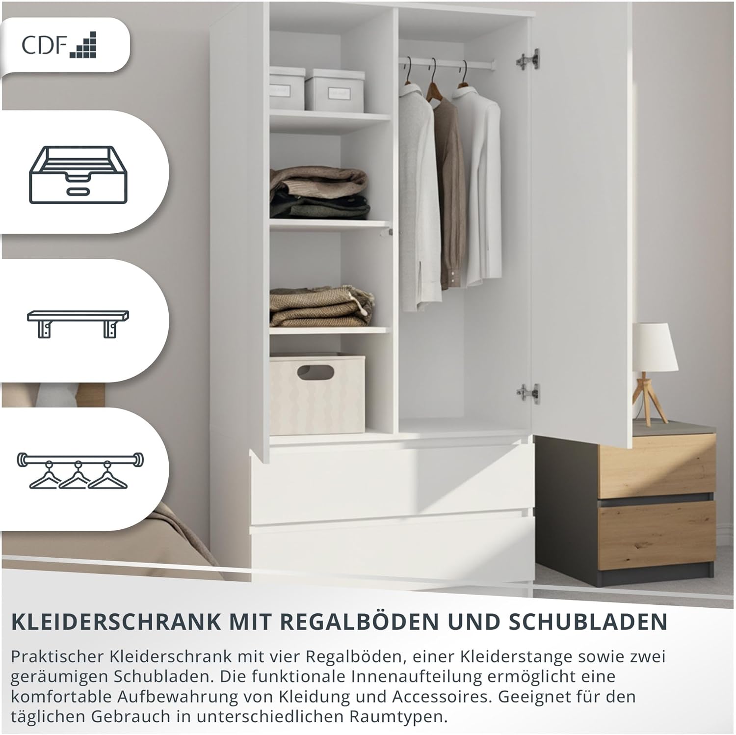 CDF Kleiderschrank Weiß 90cm Breit Kinderzimmer Schlafzimmer 2 Schubladen 2-türig Kleiderschrank Zweitüriger Schrank Moderne Look Alles für die Montage Inklusive Garderobenschrank Klamotten Spielzeuge