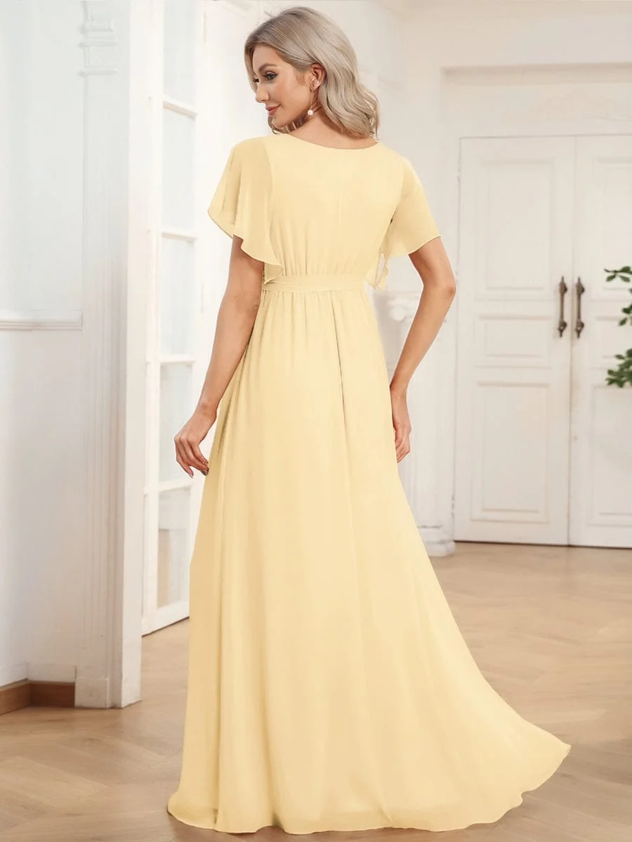 Abendkleid Damen Maxi A-Linie aus Chiffon | Festliches Kleid f��r Hochzeitsg?ste mit V-Ausschnitt und Fl��gel?rmeln