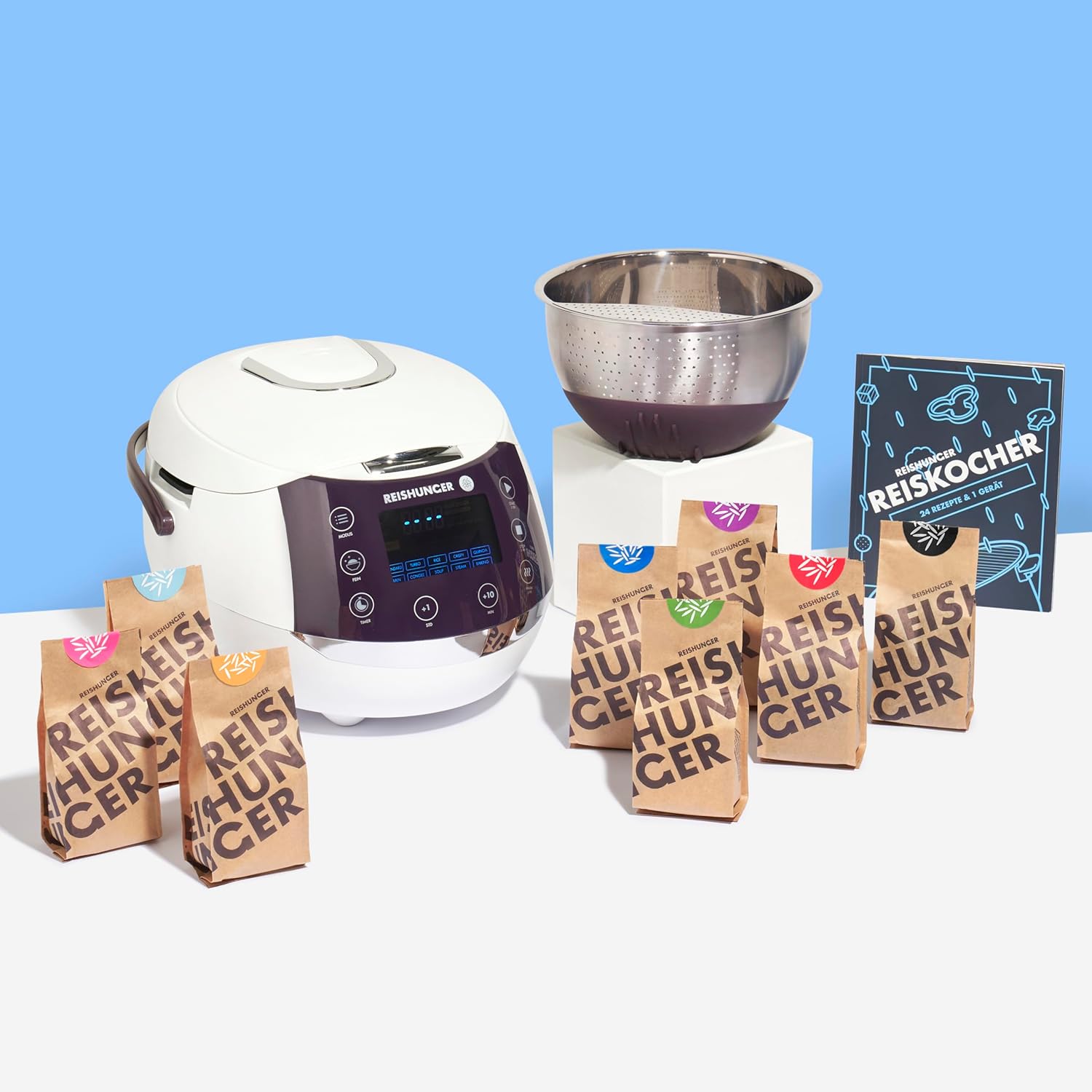 REISHUNGER Digitaler Reiskocher & Dampfgarer Schwarz | 1,5 L bis 8 Personen | Warmhaltefunktion, Timer & Premium Innentopf | Multikocher, 12 Programme, 7-Phasen-Technologie