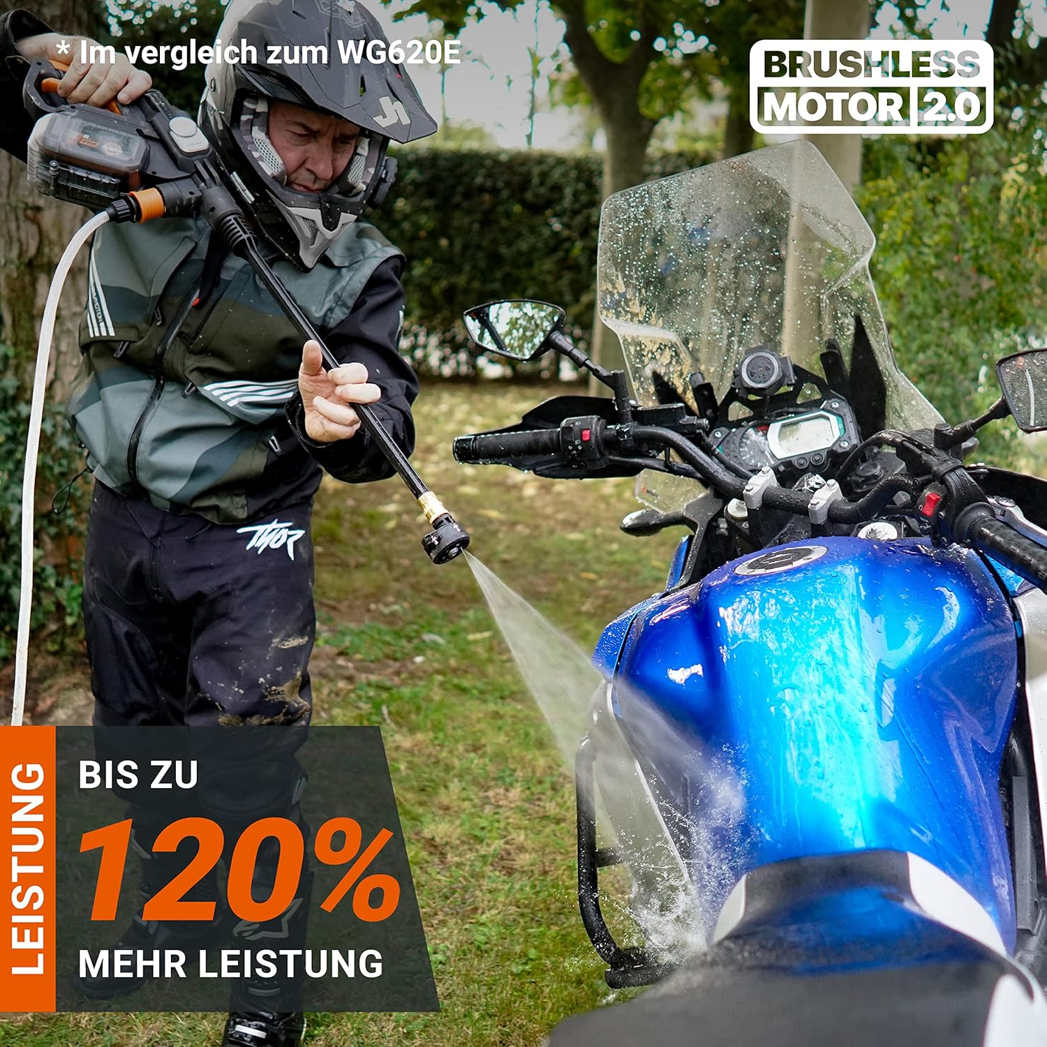 WORX Nitro 18V(20V MAX) Hydroshot Akku-Hochdruckreiniger WG633E.1, PowerShare, Terrassenreinigung und Autoreinigung, Max. 56 Bar, 220L/H, mit Zubehör, 4,0 Ah Akku & Ladegerät ‎‎Orange & Schwarz