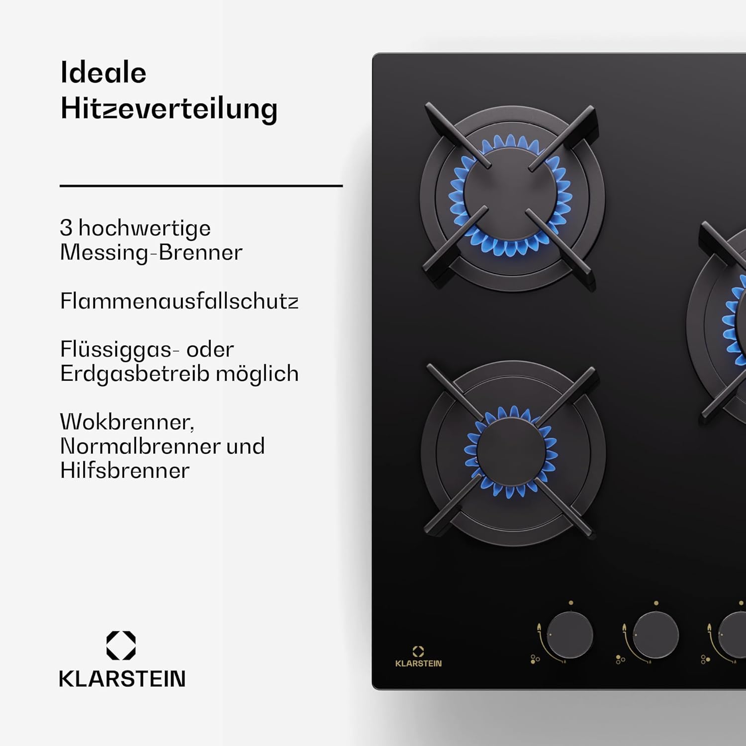 Klarstein Gasherd, Gaskochfeld 4 Flammig, Einbau-Gaskocher für Zuhause & Wohnmobil, Campingkocher mit Glasplatte, Gasherd für Propan- und Erdgas, Edelstahl Gas-Herdplatte Wok Brenner 8000 Watt