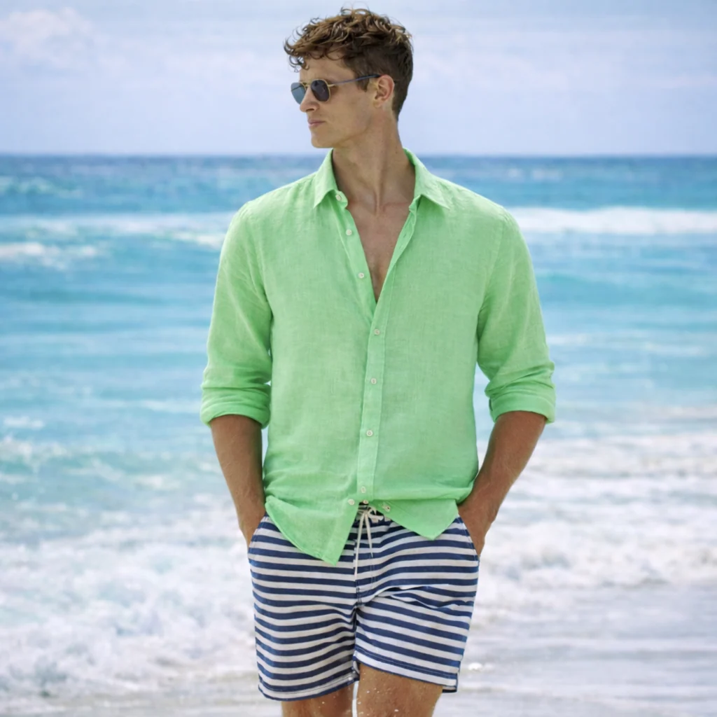 Leinen-Sommerhemd �C Button-Down mit Krempel?rmeln f��r Herren