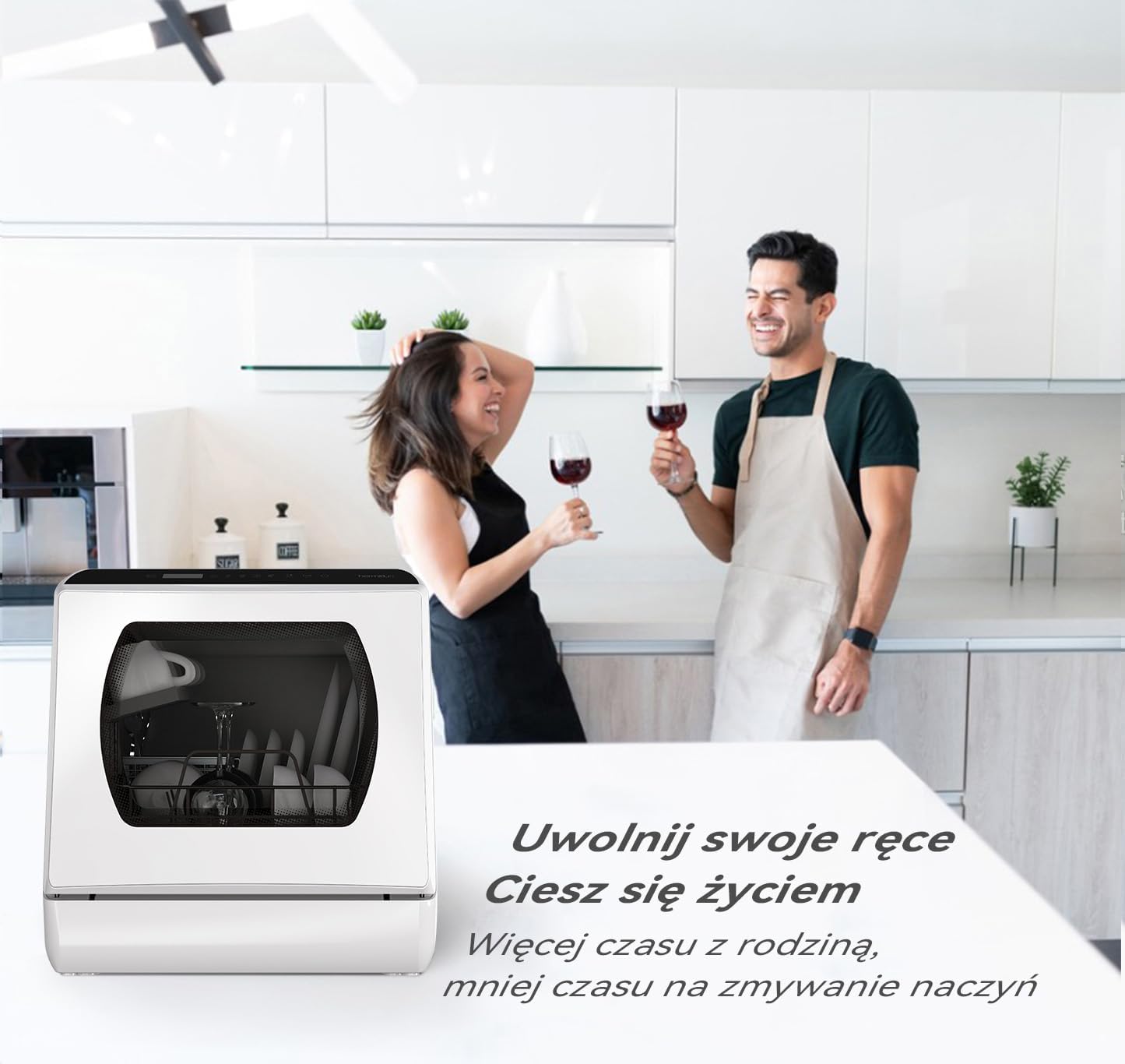 Mini zmywarka stołowa, do użytku z i bez podłączenia do wody, szerokość 43 cm, miejsce na 4 sztućce, do użytku na kempingu, 175 kWh/rok, biały