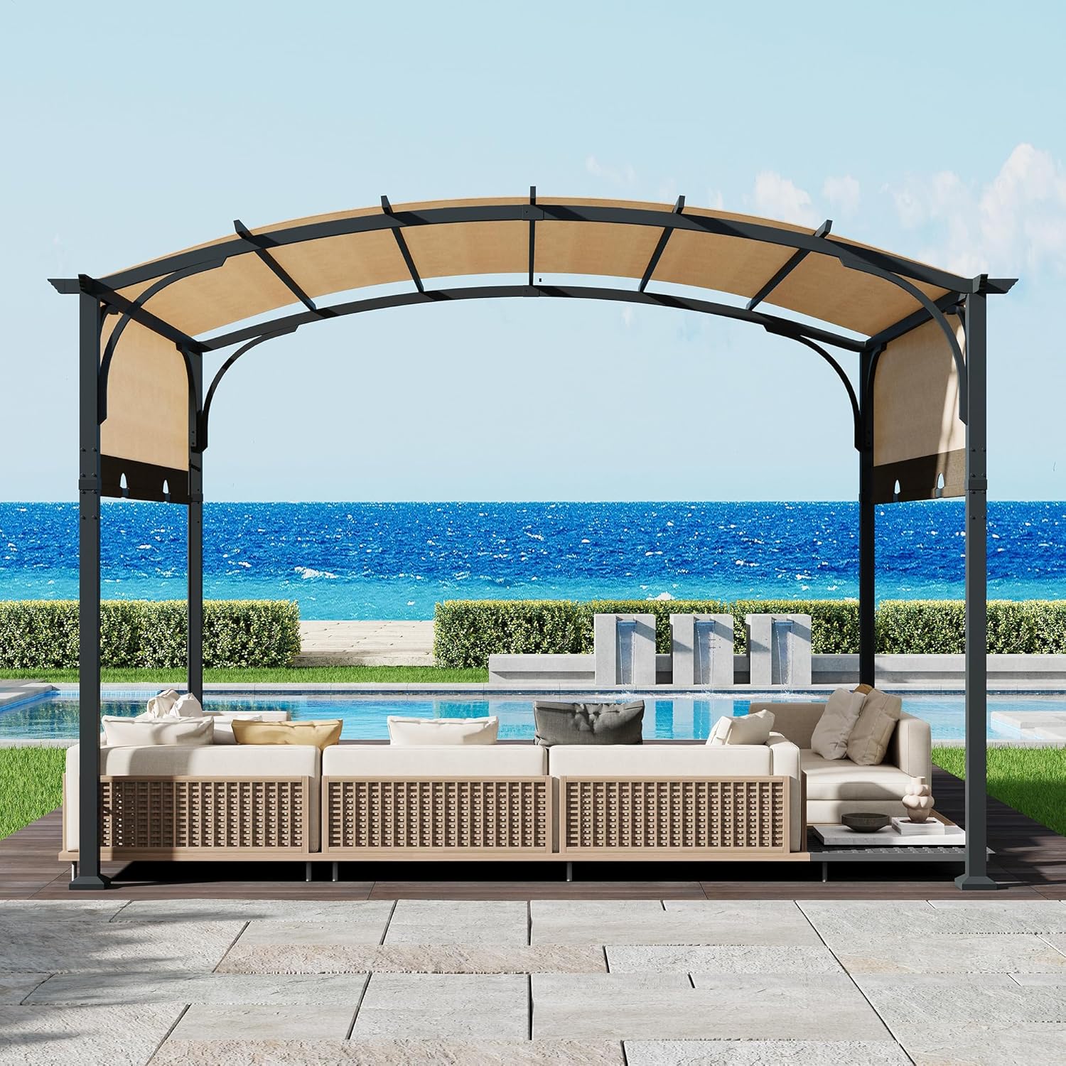 Pergola mit Schiebedach, 3,3 × 2,7 m Wasserdichtes Gartenpavillon mit Metallpfosten, Gebogenem Dach für Terrasse, Garten oder Deck, UV-Schutz, Beige