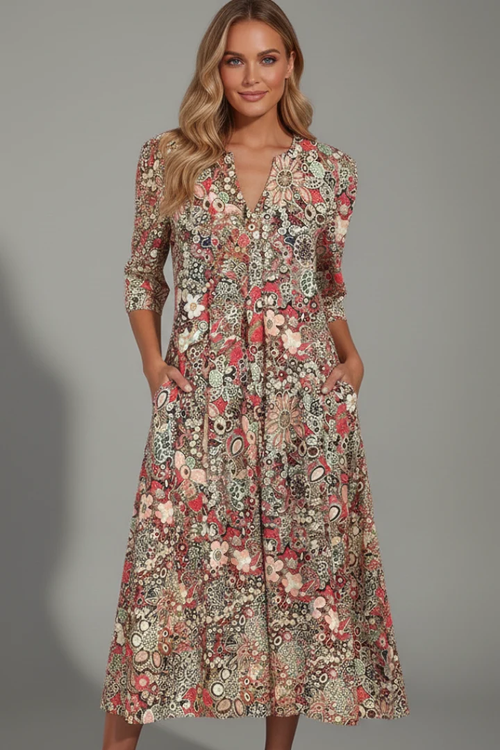 Damen-Midikleid mit V-Ausschnitt und Dreiviertel?rmeln