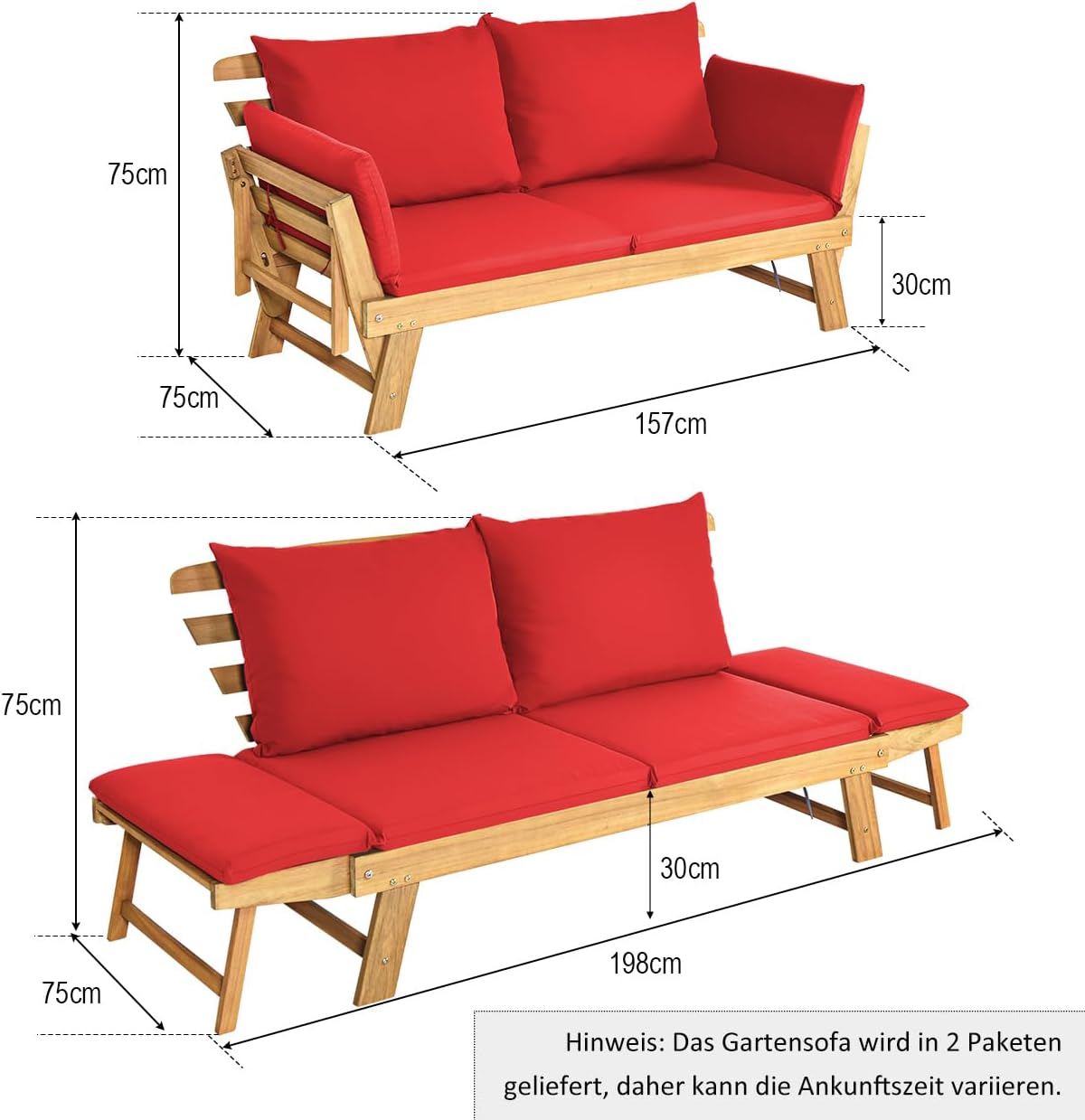 COSTWAY Ławka ogrodowa z funkcją leżenia, sofa ogrodowa z poduszkami i składanym podłokietnikiem, ławka balkonowa z drewna akacjowego, sofa balkonowa, sofa ogrodowa do ogrodu, na taras, balkon, 198 x