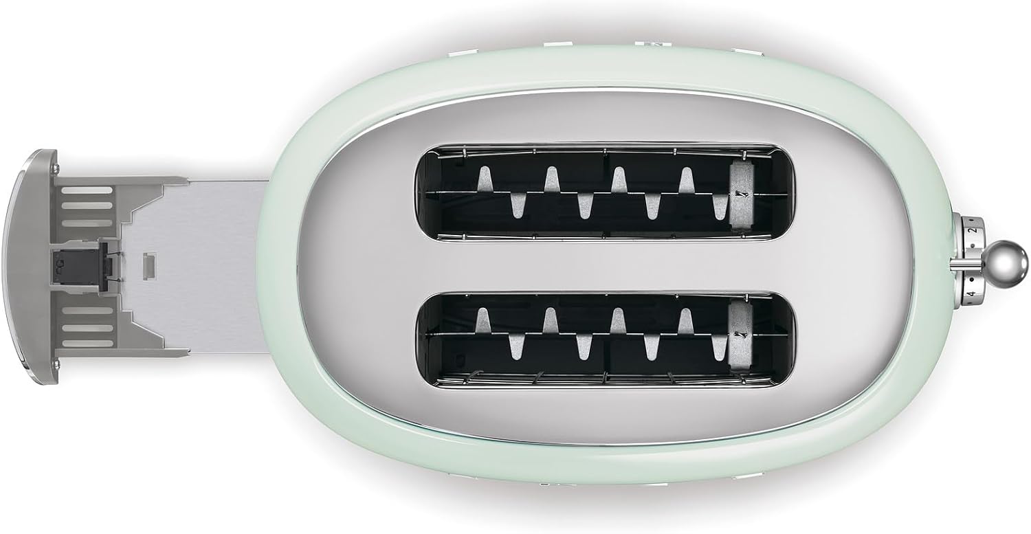 Smeg, 2x2 TSF01PGEU -Toaster, 2 Schlitze für 2 Scheiben, 6 Vergoldungsniveaus, Heizfunktion, Abtau- und Bagel- Funktion, Sammelschublade, 950W, Pastellgrün