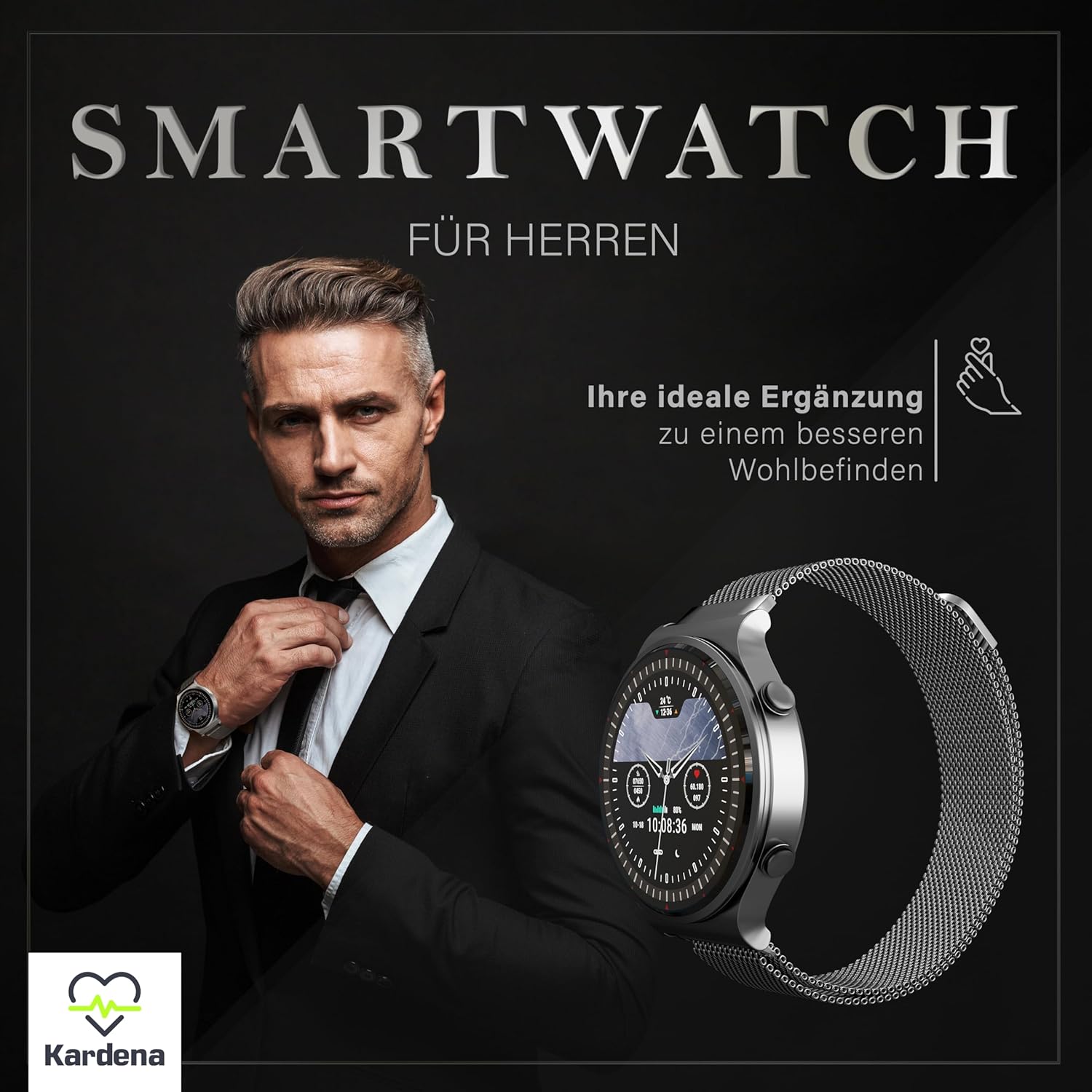 Kardena Care Pro 2 Gesundheitsuhr GPS IP68 wasserdicht für Android und iOS - Smartwatch mit Blutdruckmessung Blutsauerstoffmessung EKG Pulsmesser Vorhofflimmern Schrittzähler - Fitness Tracker