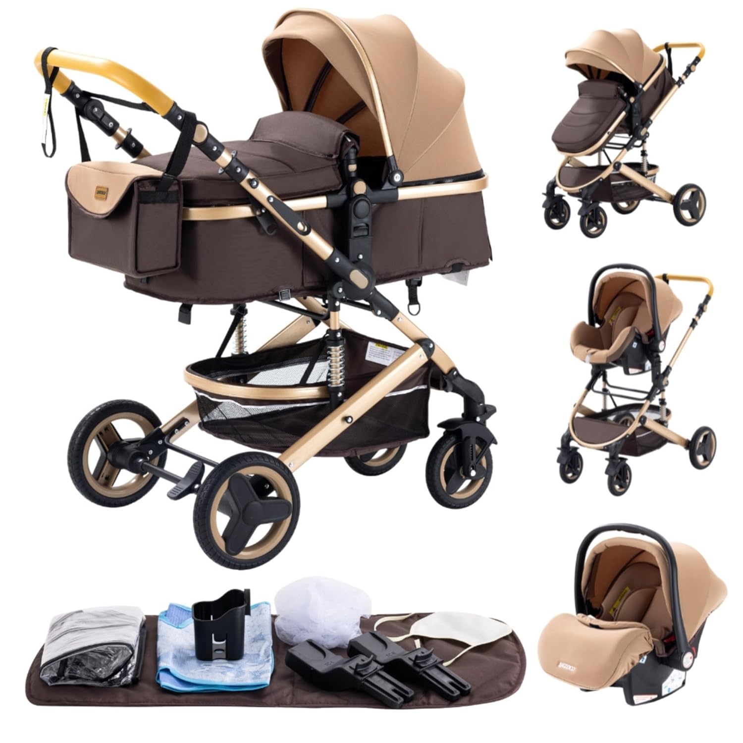 YAZOCO kinderwagen 3 in 1, Zusammenklappbar kinderwagen mit Wickeltasche,Komplettset Becherhalter,Moskitonetz, Fußabdeckung,Sitzzubehör (4 Rosa)