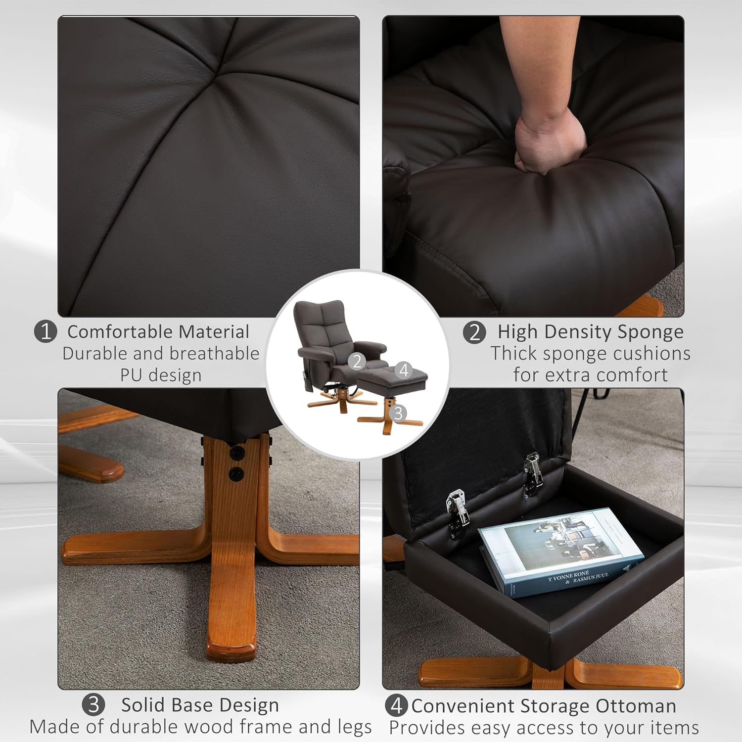 HOMCOM Relaxsessel mit Hocker, 360°drehbarer Fernsehsessel mit Massage, Liegefunktion, Massagesessel mit Seitentasche, TV-Sessel, Kunstleder für Wohnzimmer Braun