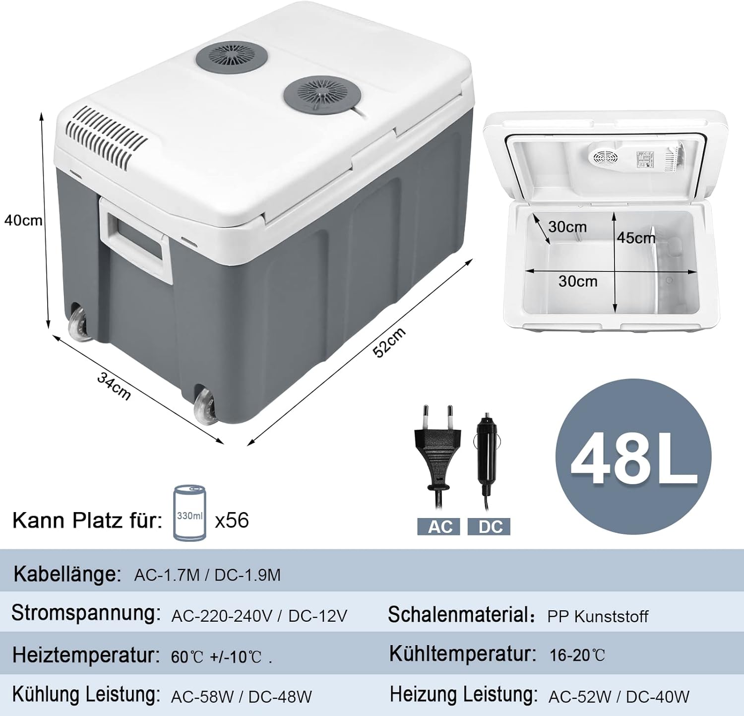AufuN 48L Kühlbox mit Rollen, zum Warmhalten und Kühlen, Mini-Kühlschrank, 12 V und 230 V für Auto, Lkw, Boot, Reisemobil und Steckdose, mit ECO Modus(Grau)