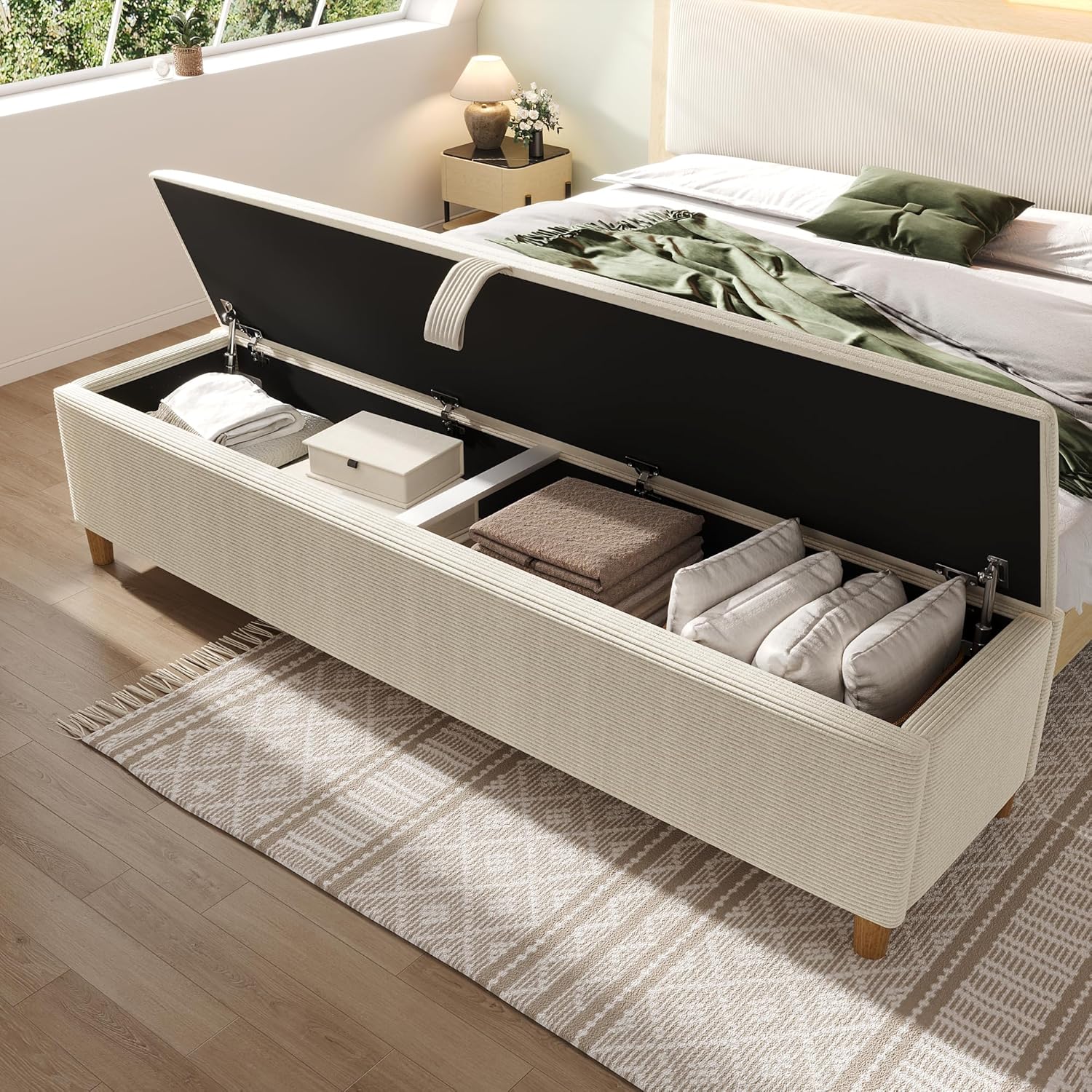 Polsterbank mit Hydraulischem Stauraum, 175 x 38 x 46 cm Aufbewahrungsbox, Bettbank Sitzbank für Flur, Wohnzimmer, Schlafzimmer, Cordstoff, Beige