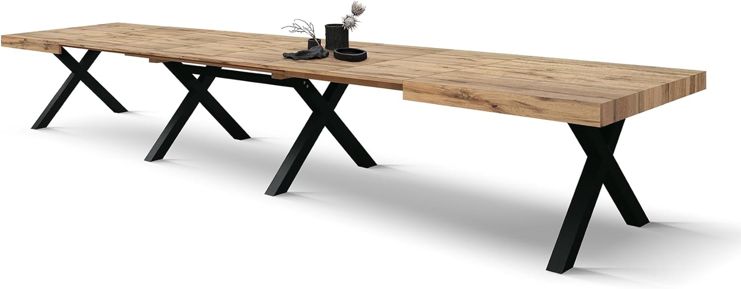 PAZZO DESIGN Ausziehbarer Tisch Roberta, Wohnzimmertisch, Küchentisch, rustische Eiche, schwarze X-förmige Beine, von 180 bis 480 cm, hergestellt in Italien - id_2005